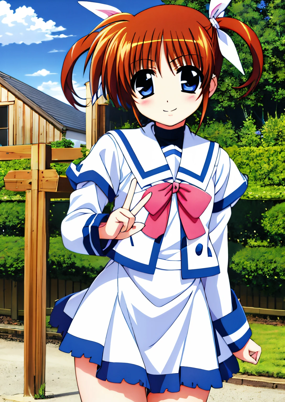 ultra-detailliert, hight resolution, 8ＫImagen、Nanoha,(Realistic, Photorealistic: 1.4),1girl in、The hands are a cute peace sign、独奏、Nano Hatakamachi、brown haired、blue eyess、Twin-tailed、Sailor Uniform, White uniform、magical ***********、Mouth closed、serious faces,The absolute standard is the stomach、Cowboy Shot、up looking、I smile at my friend Fate-chan.