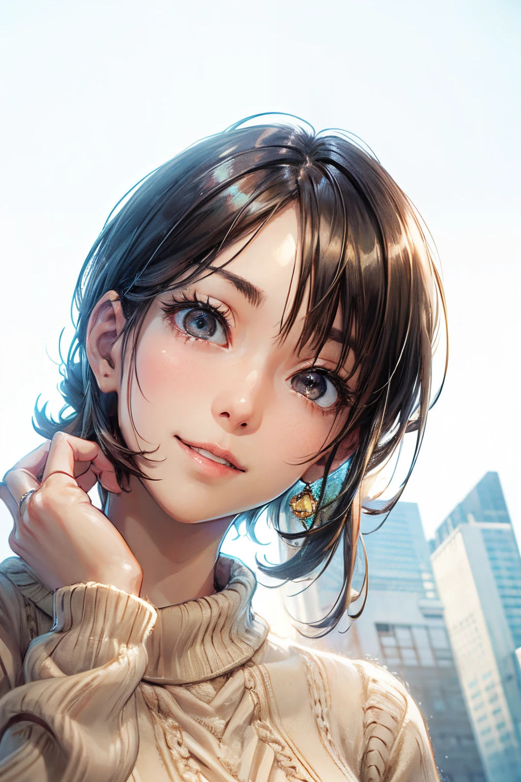 (masutepiece), Natural light, Photorealistic, Cameltoe, diffuse glow, depth of fields, big eye、Black eyes、profetional lighting、japanes、on top of the building in the background、Fantastic background、portlate、Invincible smile、ember、the man has sharp eyes、Brown knitted sweater、Eyes are black、asian human、