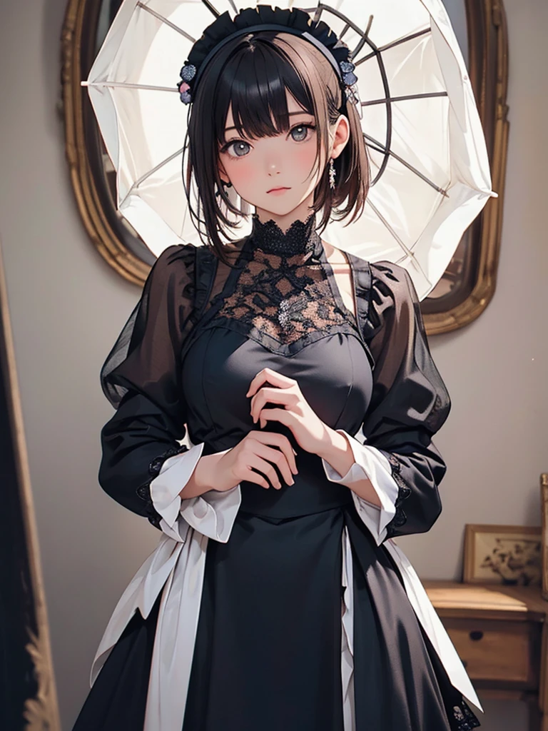 focusing on people. Create the best glowing composition of the person、Express. ((masutepiece)), (((Highest Quality)))), ((Ultra Detail)), (A hyper-realistic), (highly detailed CGillustration), (Very delicate and beautiful), Beautiful girl's masterpiece, Highest Quality, Realistic skin, Realistic fabric, Realism illustration focused on a girl with realistic textures, Japan people, Realistic, ultra-detailed eyes focused front and center. This is the absolute rule, and the following sentence expresses the image quality. It is the biggest masterpiece in the history of Ichigo Inutsuki's class, The owner of the greatest painting talent in the history of mankind meets incomparable beauty、Risked his life to paint the most beautiful person. Create stunning anime artwork that is currently trending on seaStation, Showcasing exquisite beauty and seductive aesthetics. "Spreading out before my eyes is a beautiful girl dressed in Gothic ta fashion.. her presence is overwhelming, Her vision exceeds that of her predecessor., And she is extremely frightened of being in the hands of a surrealist artist.. Beautiful and unique body shape is attracting more attention in Gothic Loliashion. the black dress、Luxuriously decorated with lace and ribbons、Designed with attention to detail。. long enough to touch the floor、Detailed rose embroidery on the hem。. On her chest, A pure white chiffon blouse looks great, Elegant high neck design emphasizes her delicateness. The sleeve of the blouse wraps around your arm., The edges are delicately finished with lace and ribbon.. On her head is a black lace bonnet, The edges are studded with fine pearls.. Elegant decorations frame her look beautifully. In her hand is a black parasol decorated with lace, Elegant design that brings out your femininity. turned into a wonderful being. Her face becomes even more beautiful with black li