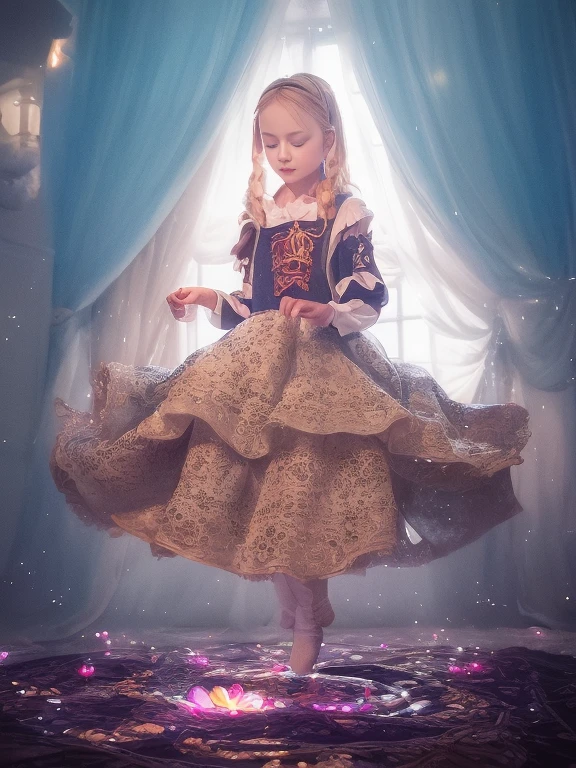 1girl, solo, full body, (masterpiece:1.21), (best quality:1.2), colorful, (illustration:1.2), (cinematic lighting:1.1), peasant medieval dress, floating dress, magic lights, levitating, , blonde hair with braids, magical lights in her hands, closed eyes, focus expression