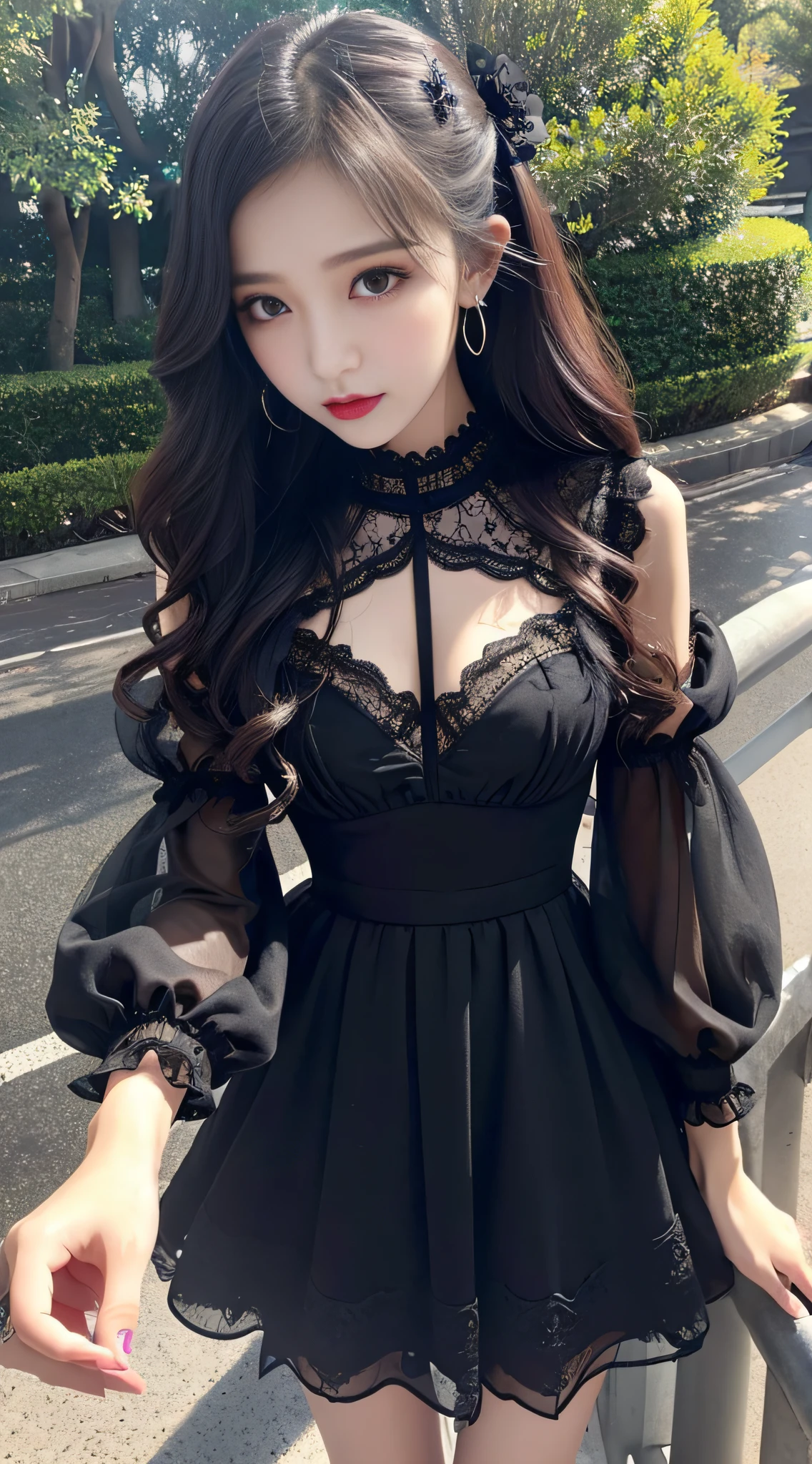 Ultra-detailed、Fascinating beauty、Dainty woman、Cool Girl、Wavy Hair、Black chiffon dress、Wide sleeves、flered skirt、Evil Female Executive、Evil Fall、brainwash、lacy fabric、Glossy legs、black lipstick、Evil look、Suspicious look、Hollow eyes、wicked、Reaching out、Over Head Shot、selfy、stand up