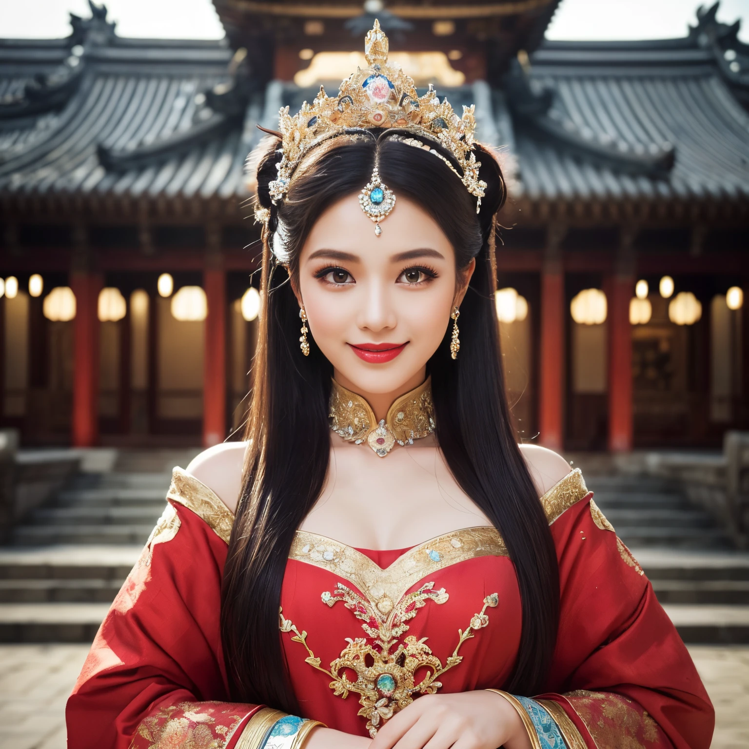 ((top-quality、masutepiece、8K、Top image quality、Highly complex and detailed depictions))、(Full body photo of a princess from the Heian period:1.3)、Beautiful Heiankyo night、((Princess Heian's most gorgeous costume、the most vivid and luxurious costumes、big long costume、The most luxurious and huge capital of the Heian period、An unimaginably luxurious building、A very luxurious and huge city、big city at midnight、Very complex decoration、very clear huge building))、(View me、Bewitching smile、Perfect makeup、long eyelashes、lipsticks、Vibrant eyeshadow、perfect anatomia、A slight smil)、(clear luxury capital background:1.3)、the best smile when you look at me、beautiful smiling face、smiling princess、Heian period princess hairstyle、A city with a clear background、Depth of field is deep、A city with a clear background