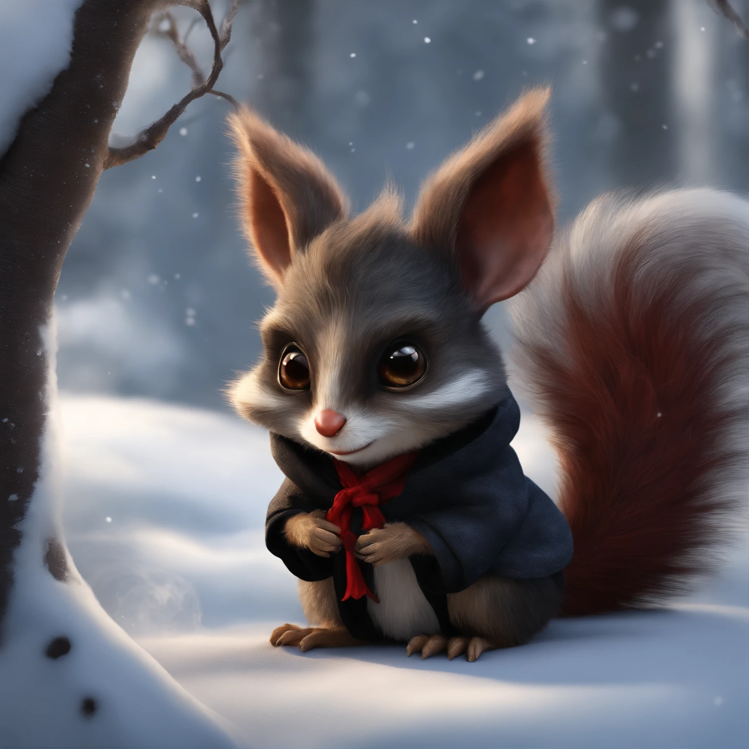 gremlin, Like a squirrel, Huge eyes, Large tasseled ears, big acorn in paws, silver and red fur, big bushy tail, dark wool coat with hood, The clothes, Best Quality, Masterpiece, in style of dark fantasy art