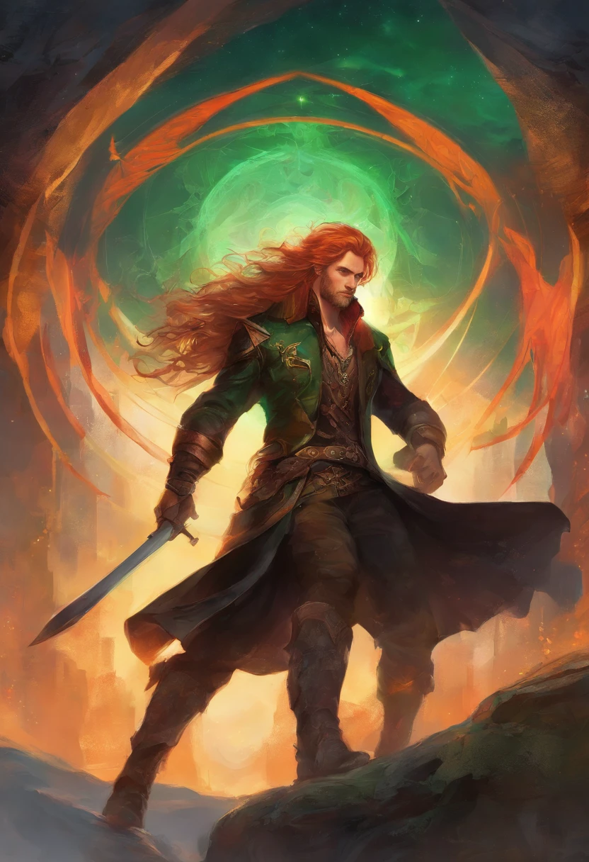 A tall guy with long ginger hair that goes a couple inchs past his shoulders that has emerald eyes with a toned build wearing tight black ripped jeans a lossely tucked in short sleeved red dress shirt the top buttons unbuttoned red and black studded belts layered and collar style choker with a broken chain attached to it and tla upside down cross necklace and bracelets, and  black combat boots