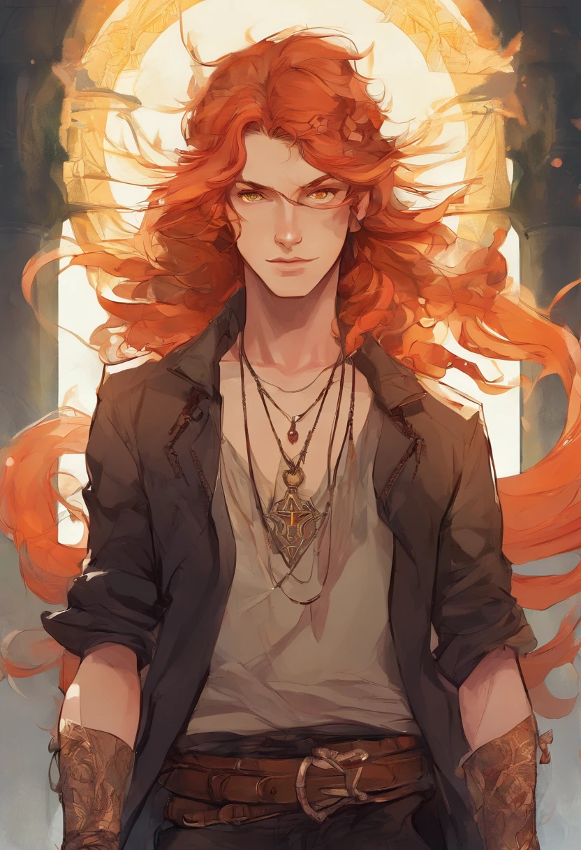 A tall guy with long ginger hair that goes a couple inchs past his shoulders that has emerald eyes with a toned build wearing tight black ripped jeans a lossely tucked in short sleeved red dress shirt the top buttons unbuttoned red and black studded belts layered and collar style choker with a broken chain attached to it and tla upside down cross necklace and bracelets, and  black combat boots