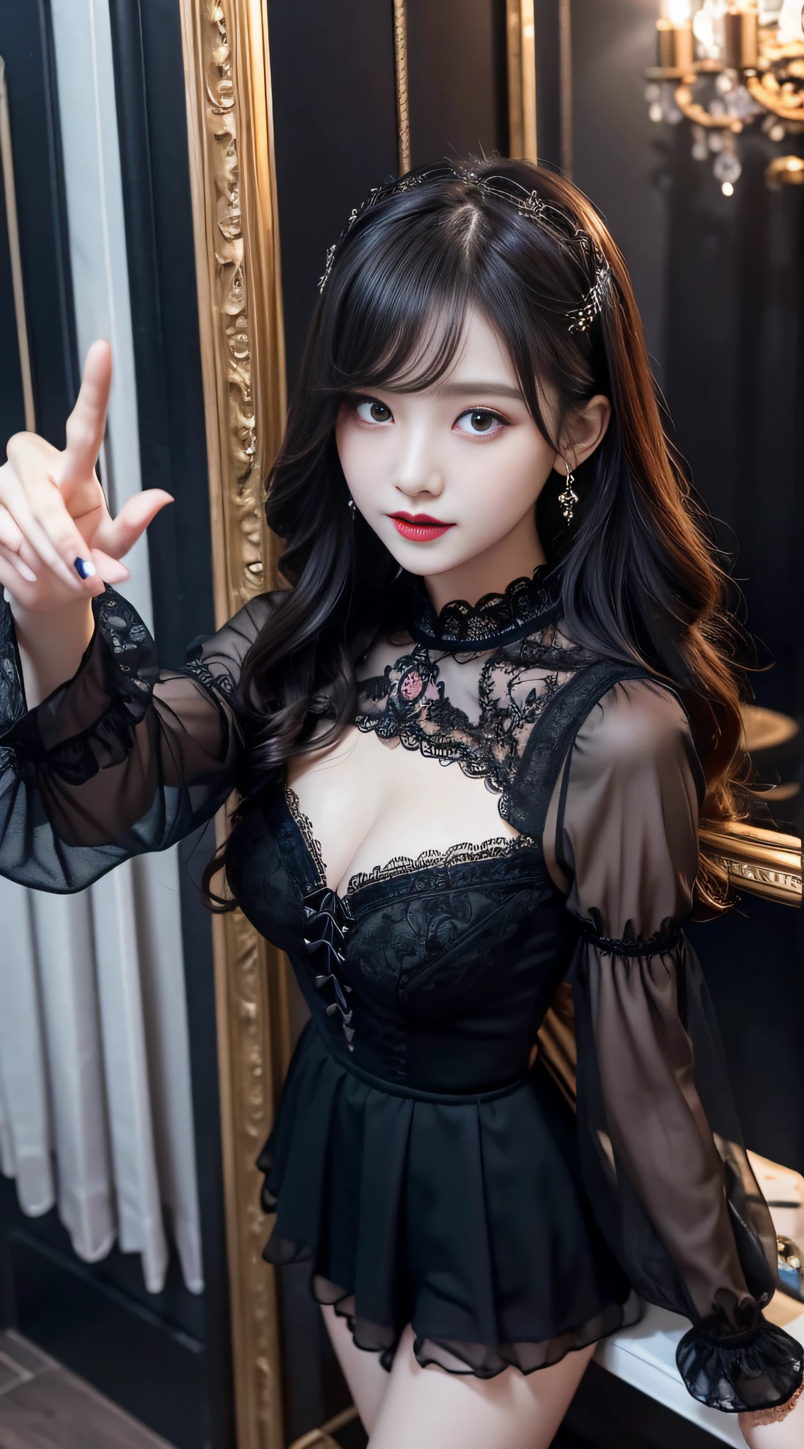 Ultra-detailed、Fascinating beauty、Dainty woman、Cool Girl、Wavy Hair、Black chiffon dress、Wide sleeves、flered skirt、Evil Female Executive、Evil Fall、brainwash、lacy fabric、Glossy legs、black lipstick、Evil look、Suspicious look、Hollow eyes、wicked、Reaching out、Over Head Shot、selfy、stand up