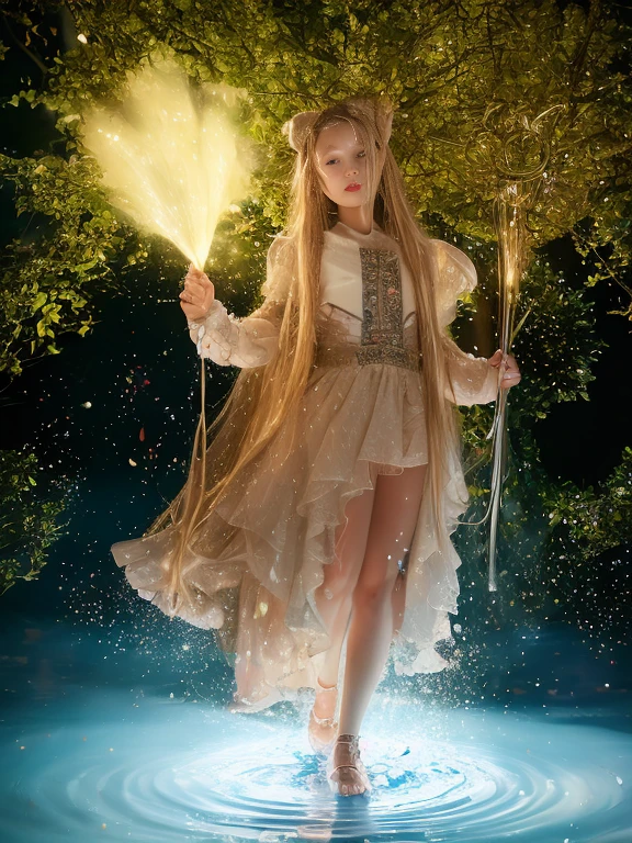 1girl, solo, full body, (masterpiece:1.21), (best quality:1.2), colorful, (illustration:1.2), (cinematic lighting:1.1), peasant medieval dress, floating dress, magic lights, levitating, genitalia visible, blonde hair with braids, magical lights in her hands, closed eyes, focus expression