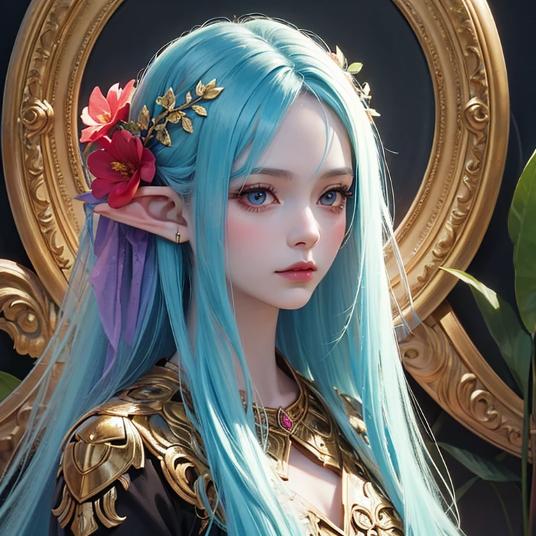 a woman with long hair and a flower in her hair, detailed matte fantasy portrait, fantasy concept art portrait, fantasy portrait art, Portrait of an elf queen, fantasy art portrait, dark fantasy portrait, art portrait epic fantasy portrait, fantasy portrait, inspired by WLOP, dark fantasy style art, beautiful fantasy art portrait, intricate wlop, beautiful fantasy portrait