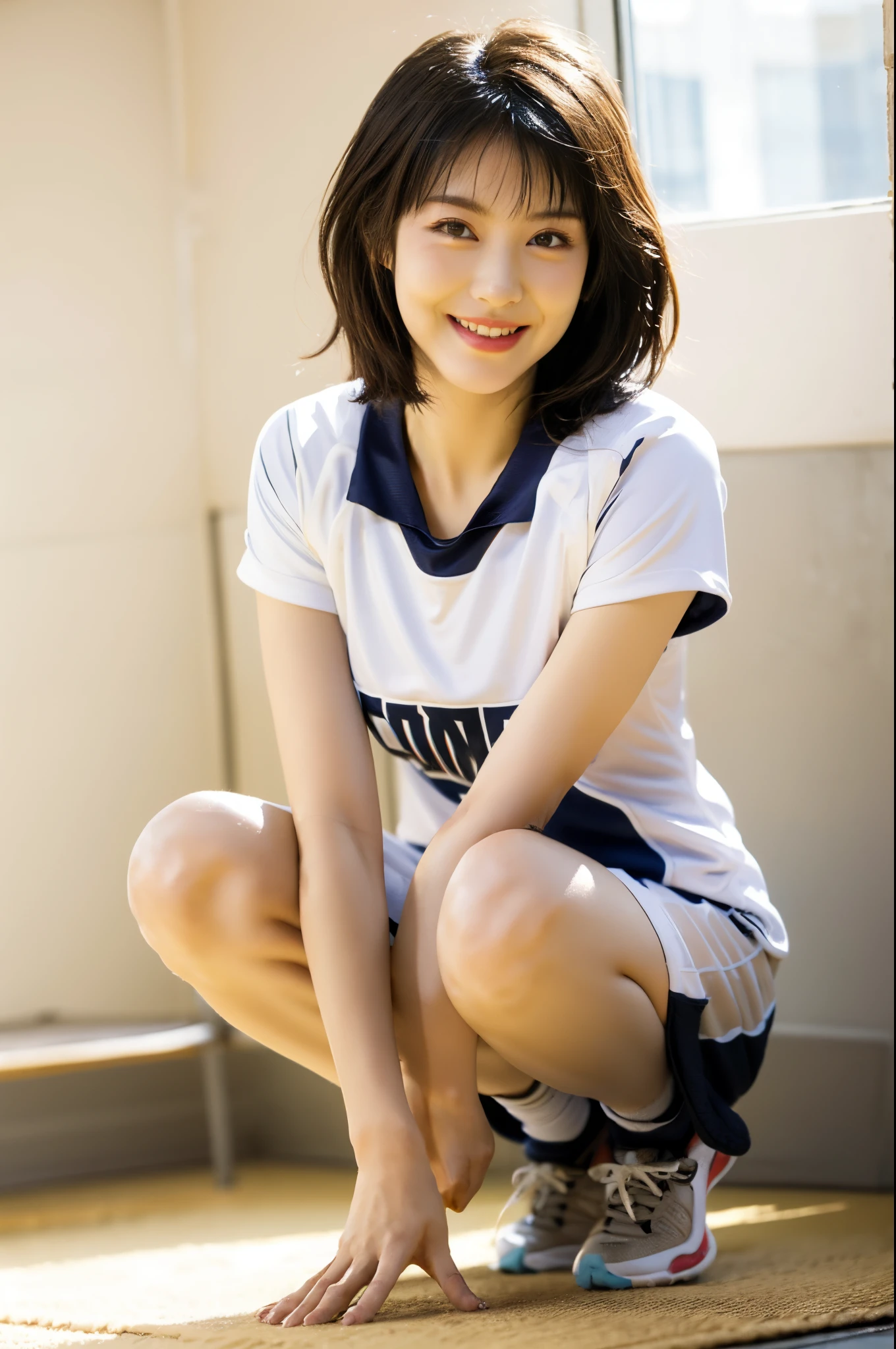 1lady solo, /(volleyball uniform/), /(dark brown hair/) bangs, blush light smile, (masterpiece best quality:1.2) delicate illustration ultra-detailed, large breasts BREAK /(volleyball court indoors/)