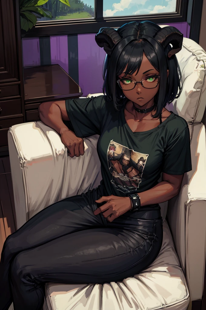 (Masterpiece) (High Detail) (High Res) (Black Skin) Looking from above A young black humanoid FutEred with dark skin and ebony flesh and green eyes and short black hair and goat ears and short dark goat horns and a toned teen body and small to average breasts dressed like a nerd wearing a loose t-shirt and sweats and glasses while sitting on a couch playing videogames