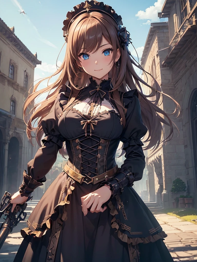 top-quality、Top image quality、masterpiece、High angle beautiful gothic elf beauty((20yr old、Best Bust、big bast、Bust 90,beautiful brown long hair、A slender、a closeup、Bouquet of white roses、steampunk armor、Flying in the sky、Dear、fly on big mechanical wings、cool jump、fight、Esbian、Gothic Maid costume、beautiful apron、hiquality、Beautiful Art、Background with((starrysky)))masutepiece、visualart、depth of fields、、、🎵、Happy smile、Gentle light、、Beautiful legs that are gentle on the skin、、Number of fingers to achieve precise finger movements、nffsw、nffsw、Lots of gears、、Artistically、、huge robot、Great angle、steampunk fantasy、Kime Pose、、Brown hair、Bob Hair、her clothes are torn and sexy、supreme power、dragonball z,Aura effect from the whole body、