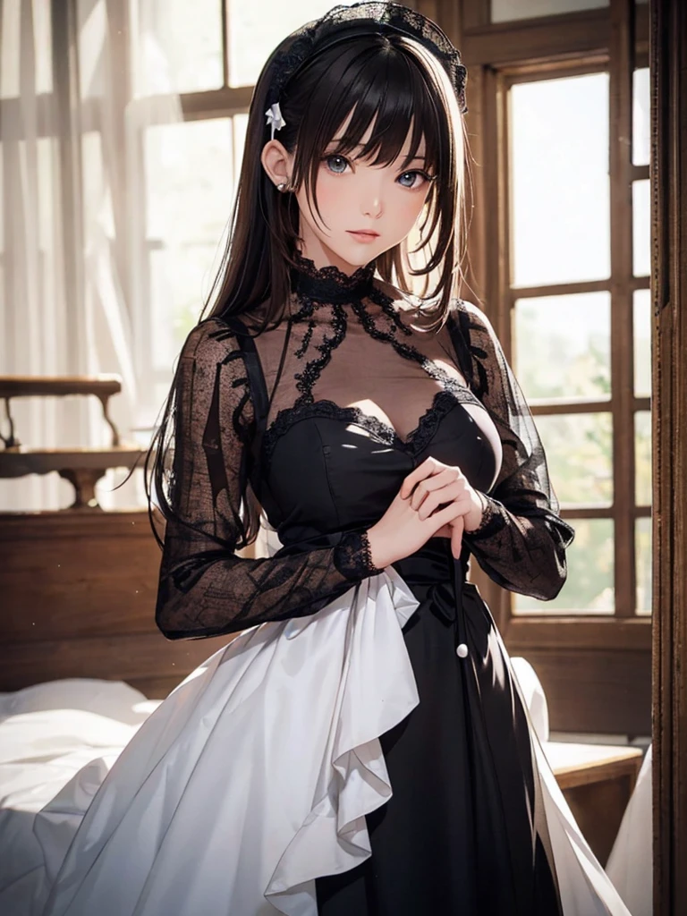 focusing on people. Create the best glowing composition of the person、Express. ((masutepiece)), (((Highest Quality)))), ((Ultra Detail)), (A hyper-realistic), (highly detailed CGillustration), (Very delicate and beautiful), Beautiful girl's masterpiece, Highest Quality, Realistic skin, Realistic fabric, Realism illustration focused on a girl with realistic textures, Japan people, Realistic, ultra-detailed eyes focused front and center. This is the absolute rule, and the following sentence expresses the image quality. It is the biggest masterpiece in the history of Ichigo Inutsuki's class, The owner of the greatest painting talent in the history of mankind meets incomparable beauty、Risked his life to paint the most beautiful person. Create stunning anime artwork that is currently trending on seaStation, Showcasing exquisite beauty and seductive aesthetics. "Spreading out before my eyes is a beautiful girl dressed in Gothic ta fashion.. her presence is overwhelming, Her vision exceeds that of her predecessor., And she is extremely frightened of being in the hands of a surrealist artist.. Beautiful and unique body shape is attracting more attention in Gothic Loliashion. the black dress、Luxuriously decorated with lace and ribbons、Designed with attention to detail。. long enough to touch the floor、Detailed rose embroidery on the hem。. On her chest, A pure white chiffon blouse looks great, Elegant high neck design emphasizes her delicateness. The sleeve of the blouse wraps around your arm., The edges are delicately finished with lace and ribbon.. On her head is a black lace bonnet, The edges are studded with fine pearls.. Elegant decorations frame her look beautifully. In her hand is a black parasol decorated with lace, Elegant design that brings out your femininity. turned into a wonderful being. Her face becomes even more beautiful with black li