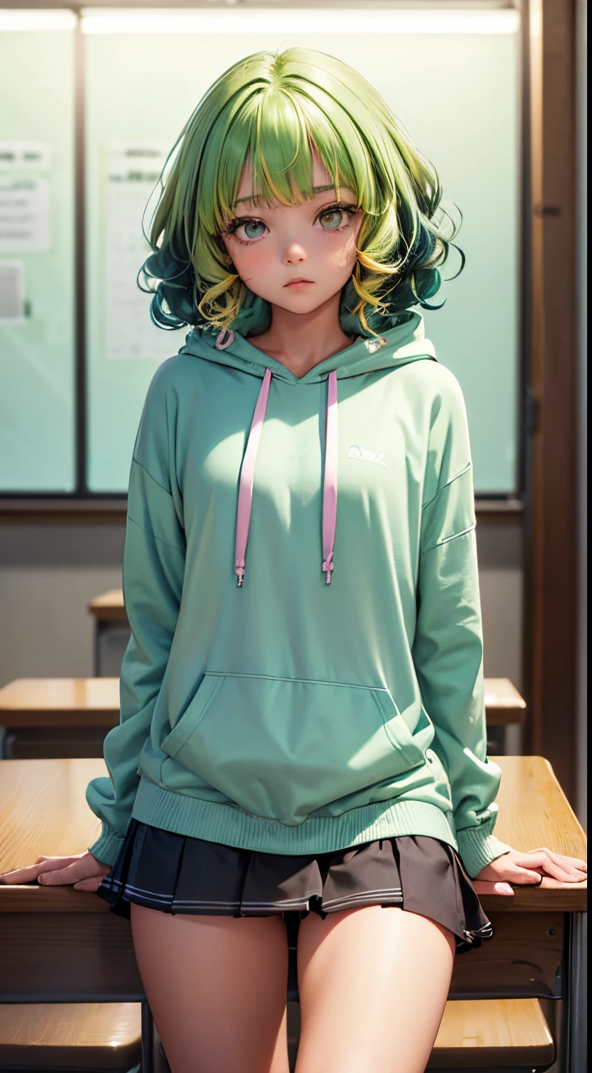 1girl in, Solo, Solo Focus, Cowboy Shot, Portrait, oversized hoodie, Aqua green and white hoodie, Half Aqua, Half Green, ((Brown hair)), (Yellow hair), (Gradient Hair :1.5), Curly hair, ((Pink eyes)), ultradetailed eyes, asa, (Caramel Black Skin:1.1), Best Quality, Ultra-detailed, university campus,crass room,dictionary on the desk,sit a chair、open one's legs,white panty,