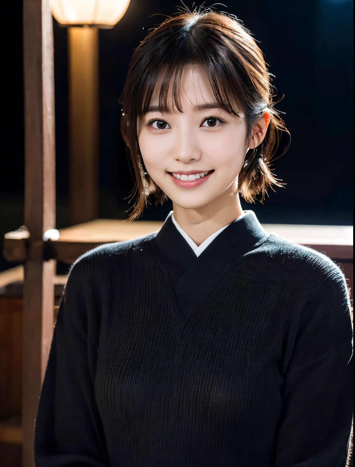 ((Japan Girl,1.4))About 20 years old,slenderbody,Slim Beauty,((Kyudo)),((Archery Women)),Knitted sweaters,Detailed eyes,short bob wolf cut,A dark-haired,poneyTail,Real image quality,An ultra-high picture quality,8K,masutepiece,Raw photo,Live action,profetional lighting,((Night background)),Absurd beauty,Beautiful face,A big smile