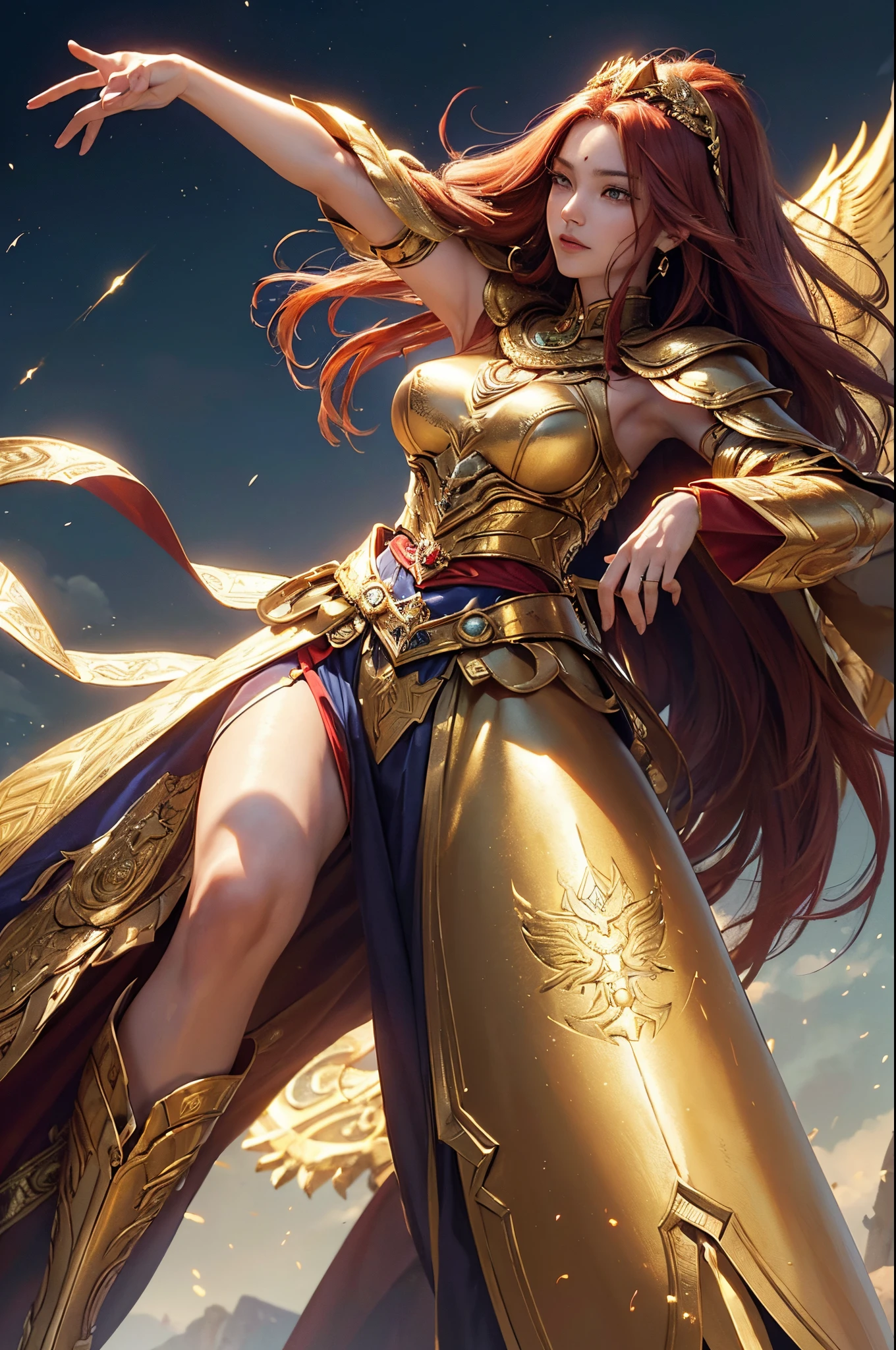 ((​masterpiece)))、(((top-quality)))、((ultra-detailliert))、(A hyper-realistic)、(highly detailed CGillustration）、Official art、Lion motif、Gold and red tones、Fantasia、Ancient mythology、Ancient Mesopotamia、eventide、Mystical、solemnity、An majestic、Best Quality, ​master piece、eventide、Seishtar, Goddess of War、battlefield commander、guardian of babylon、Increase your fighting spirit、Invincible Great General、Awe-inspiring Hall々、Brave、glory of babylon、Honor of Babylon、veteran hero、Slender eyes、matchless beauty、Rin々Right、Guardian of the Lion、refinement、noble、Proud、Wearing noble jewelry、Equip your weapons、The appearance is luxurious and golden armor、Cloak in the wind、Tall and lean、fiery red long hair、Perfect Angle、perfect-composition、low angles、full body Esbian