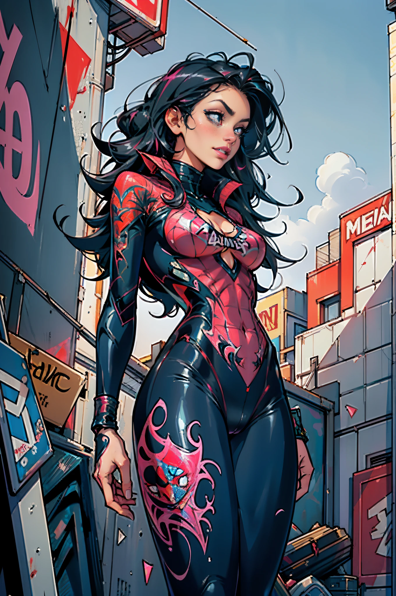 (((master part))), (((best quality))), ((ultra-detalhado)), (Highly detailed CG illustration), ((um extremamente delicado e bonito)), (1mulher aranha,foco da mulher aranha), pele branca, Mulher de pele branca.fechar para cima, low angle view colorful painting, beautiful superheroine Spider-Woman wearing a lace swimsuit, Mamalhuda, posing behind a supermarket, Botas de couro, Meias de rede de pesca, corpo bonito, Rosto hiper detalhado, comiс style, Poster Girl Centerfold, (((arte do grafite) (por Carne Griffiths))), Fundo de parede GRAPHITI, detalhes insanos, detalhes intrincados, hiperdetalhado, baixo contraste, soft Cinematic Light, cores fracas, exposure blending, HDR, frente, petals for salma, master part, Realistic, ultra high-resolution, alta qualidade,veneno.(master part),(best quality), (Ultra high resolution), Detailed illustration, 8k, white girl (com cabelos pretos) (cabelo realmente cacheado) (cabelos livres) vestindo um terno preto do homem-aranha, A pink spider symbol on the chest of his suit, jaqueta de couro preta , black face mask, pink-tinted eyewear, She's on the roof of a building looking out at the city at night (corpo inteiro) (Full background view)