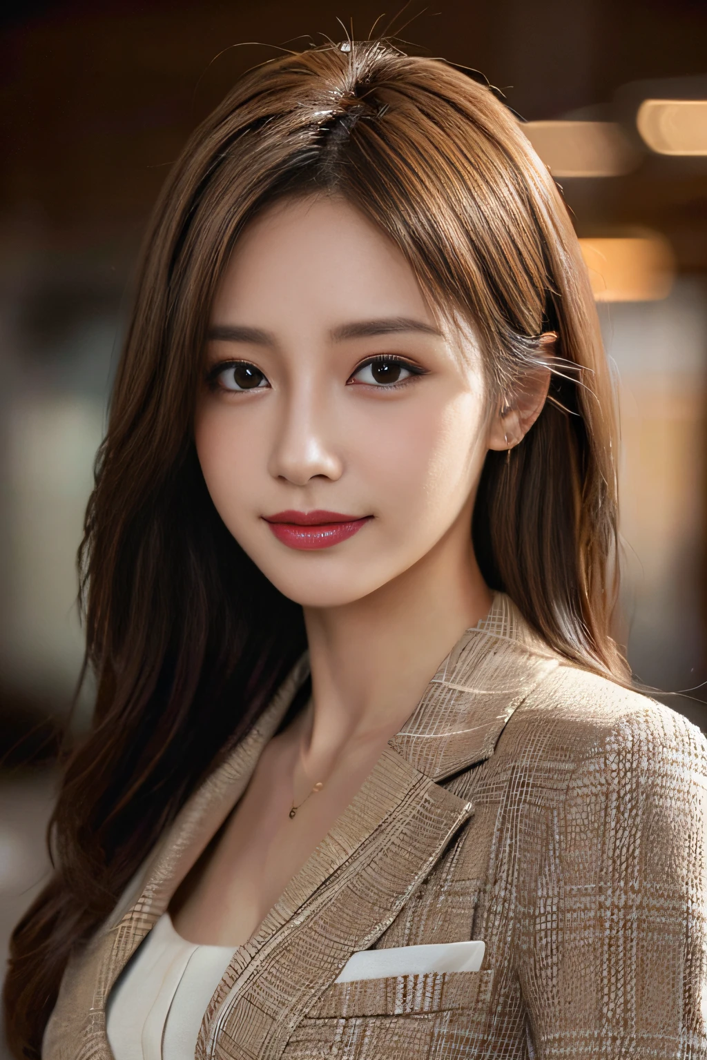 masutepiece, Best Quality, Photorealistic, Ultra-detailed, finely detail, High resolution, 8K Wallpaper, 1 beautiful woman,, light brown messy hair, in a business suit, foco nítido, Perfect dynamic composition, Beautiful detailed eyes, detailed hairs, Detailed realistic skin texture, Smiling, Close-up portrait, Model body type