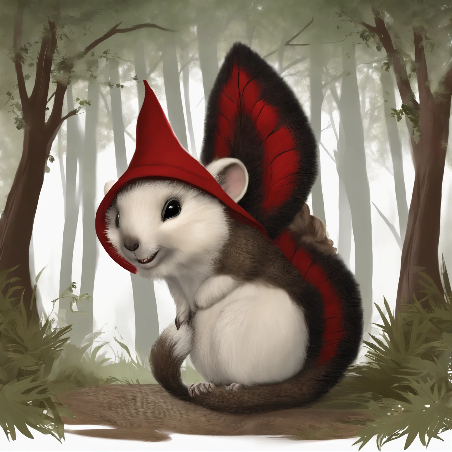 gremlin, Like a squirrel, Huge eyes, Large tasseled ears, big acorn in paws, silver and red fur, Big fluffy tail, dark tunic with hood, The clothes, Best Quality, standing in a forest clearing, under a huge oak tree, Masterpiece, in style of dark fantasy art