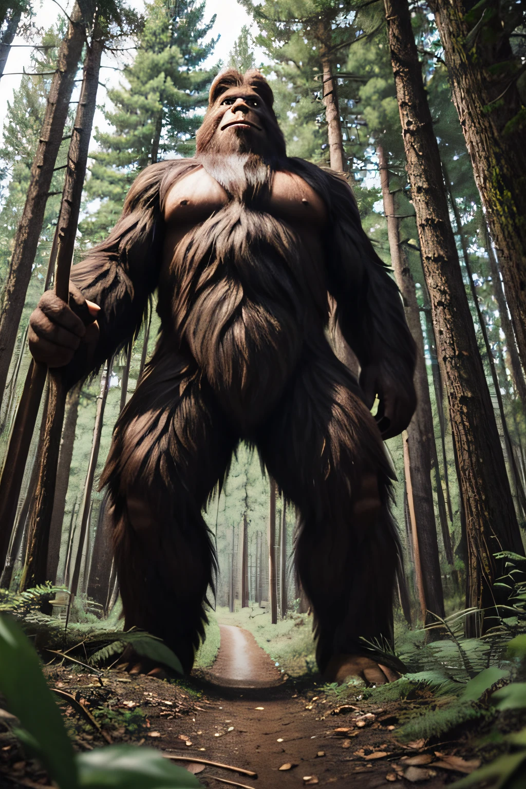 Sasquatch in the woods, looking at camera