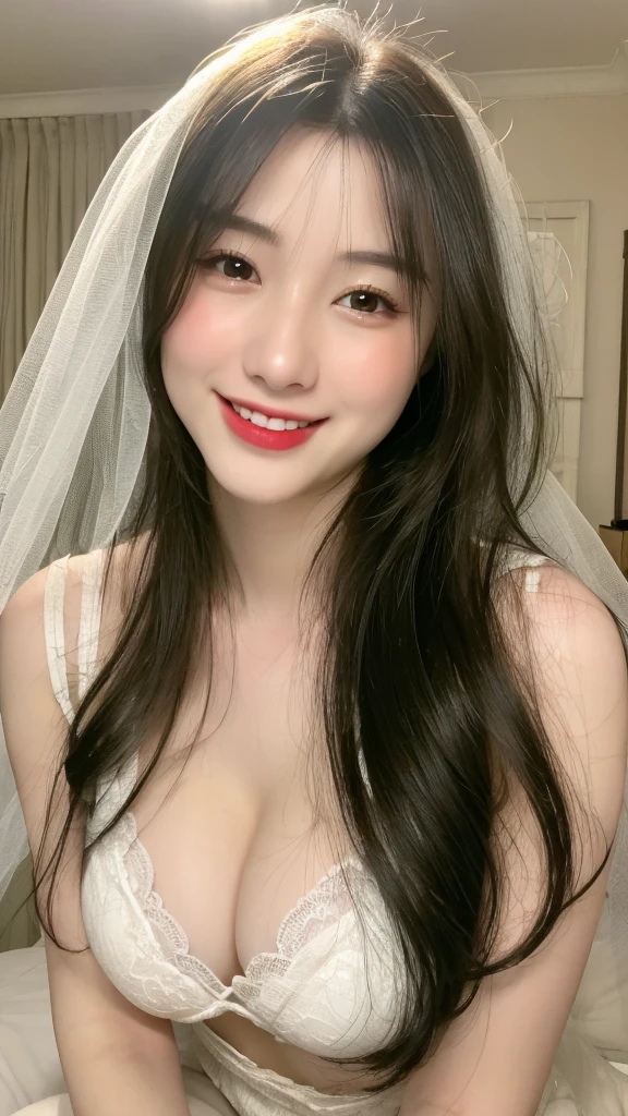 (realistic, high resolution:1.3), 1 girl with perfect figure, smile, super fine face and eyes, long hair, white lace veil: 1.2 , in bedroom, sit on the bed, big breasts, exposed cleavage