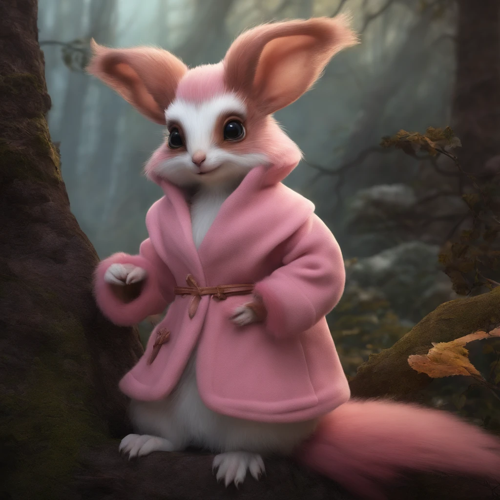 gremlin, Like a squirrel, petite girl, big breastes, Huge eyes, large ears, big carrot in paws, white and pink fur, short tail, pink wool coat, The clothes, Best Quality, Masterpiece, in style of dark fantasy art