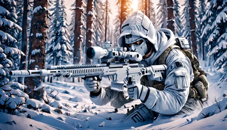 a soldier wearing a white camouflage uniform is crawling in the snow, holding a sniper rifle and aiming at the target. his body ...