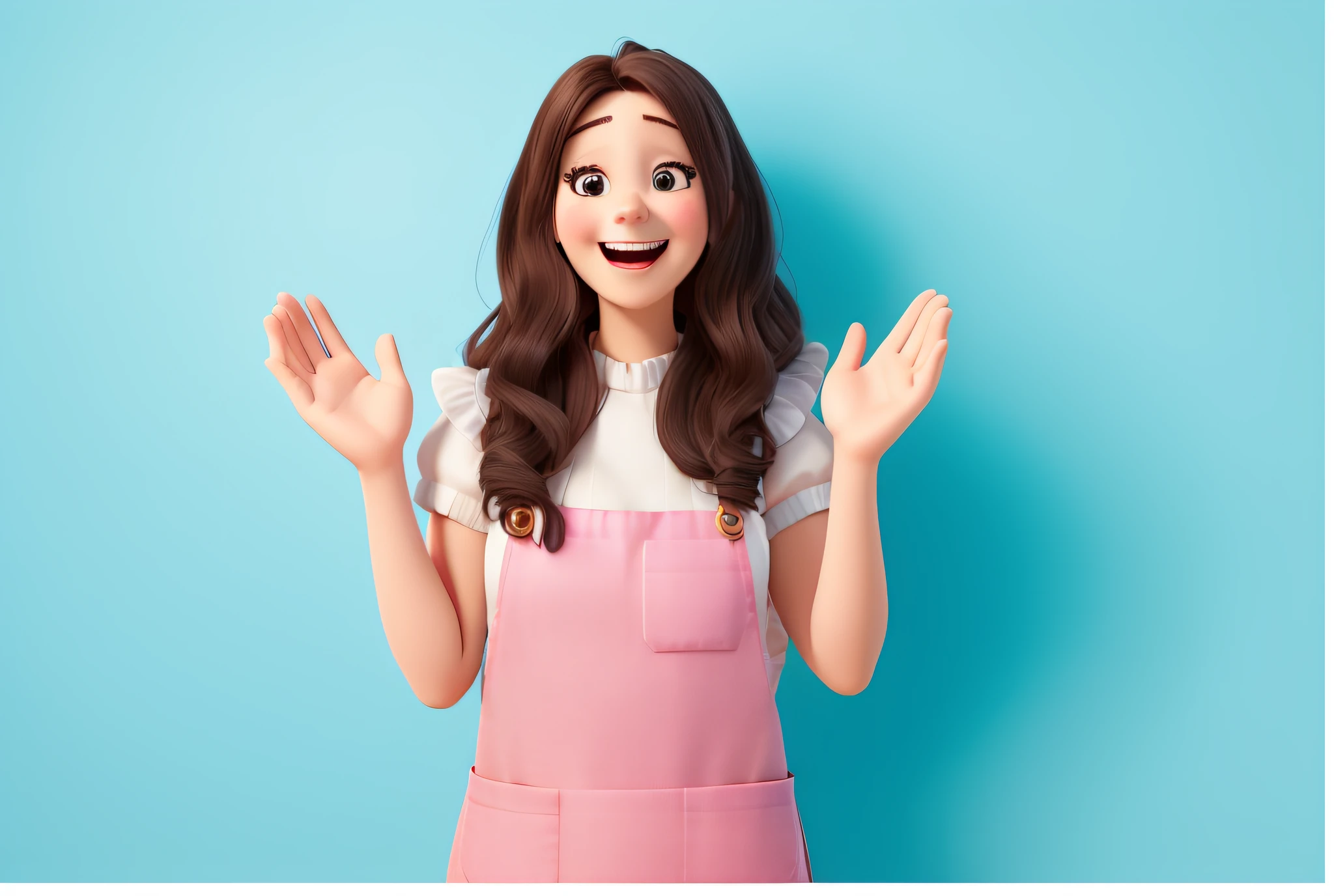 a woman in a pink apron is making a funny face, excited expression, excited facial expression, excitado, she is smiling and excited, muito animado, surprised expression, ela expressando alegria, surprised expression on her face, wearing overalls, expressive happy smug expression, Shutterstock, good proportions, menina feliz, shocked expression on her face, expressive surprised expression