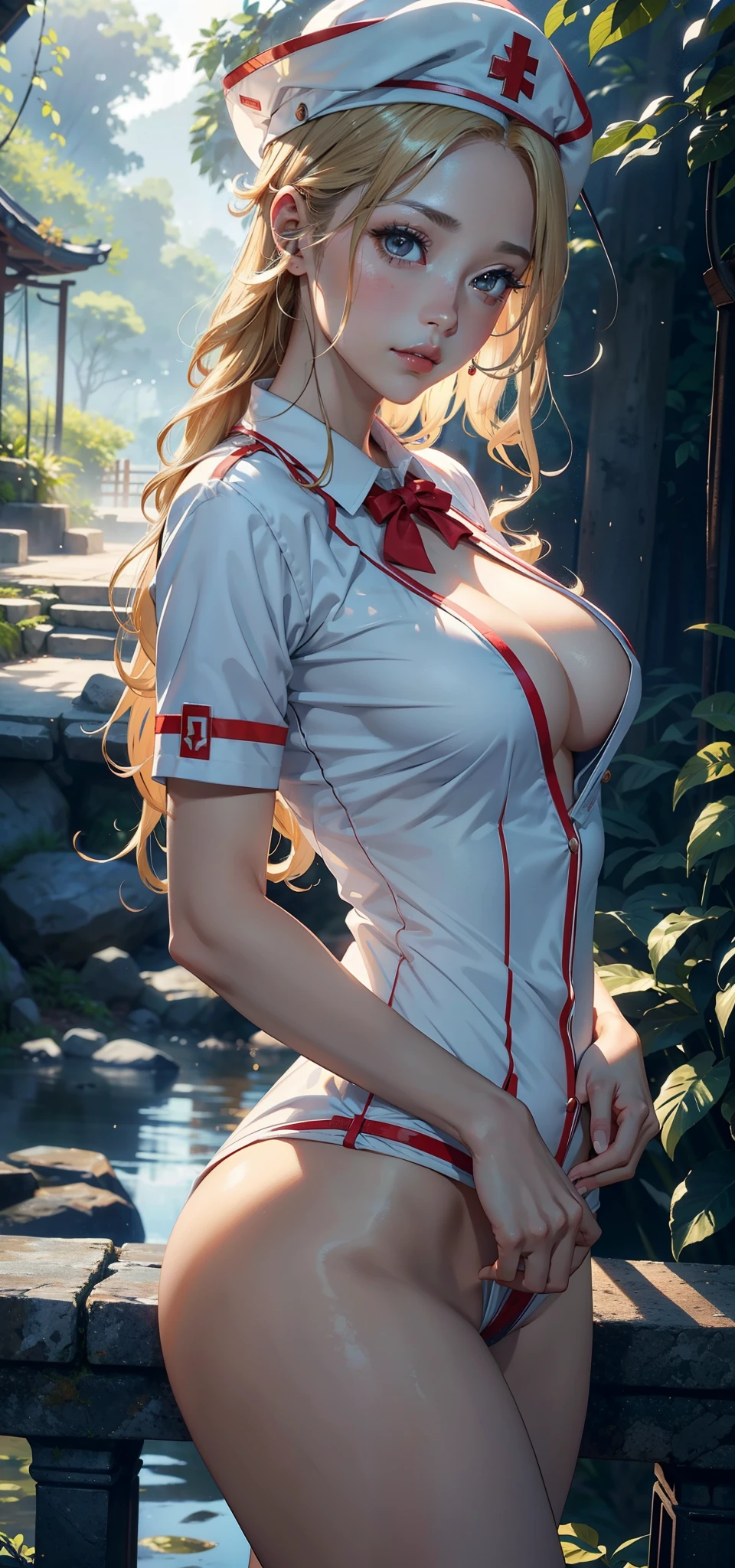 1female, photo exposure, 独奏,(Background with:at a forest,the rainforest,in summer) She has long blonde hair,Redlip,Stood up,seen from the front, curlies, The sky is mostly cloudy,(((tmasterpiece),(Very detailed CG unified 8k wallpaper),Best quality at best,电影灯光,detailed back ground,beautidful eyes,Bright pupils,(very delicate beautiful),(Beautiful and detailed eye descriptions),ultra - detailed,tmasterpiece,)),facing at the camera,A high resolution,ultra - detailed),revealing breasts,Bare genitals, convex,Camel toes,Raised sexy,russian nurse(dressed in:nurse hat,nurses uniform,badges)