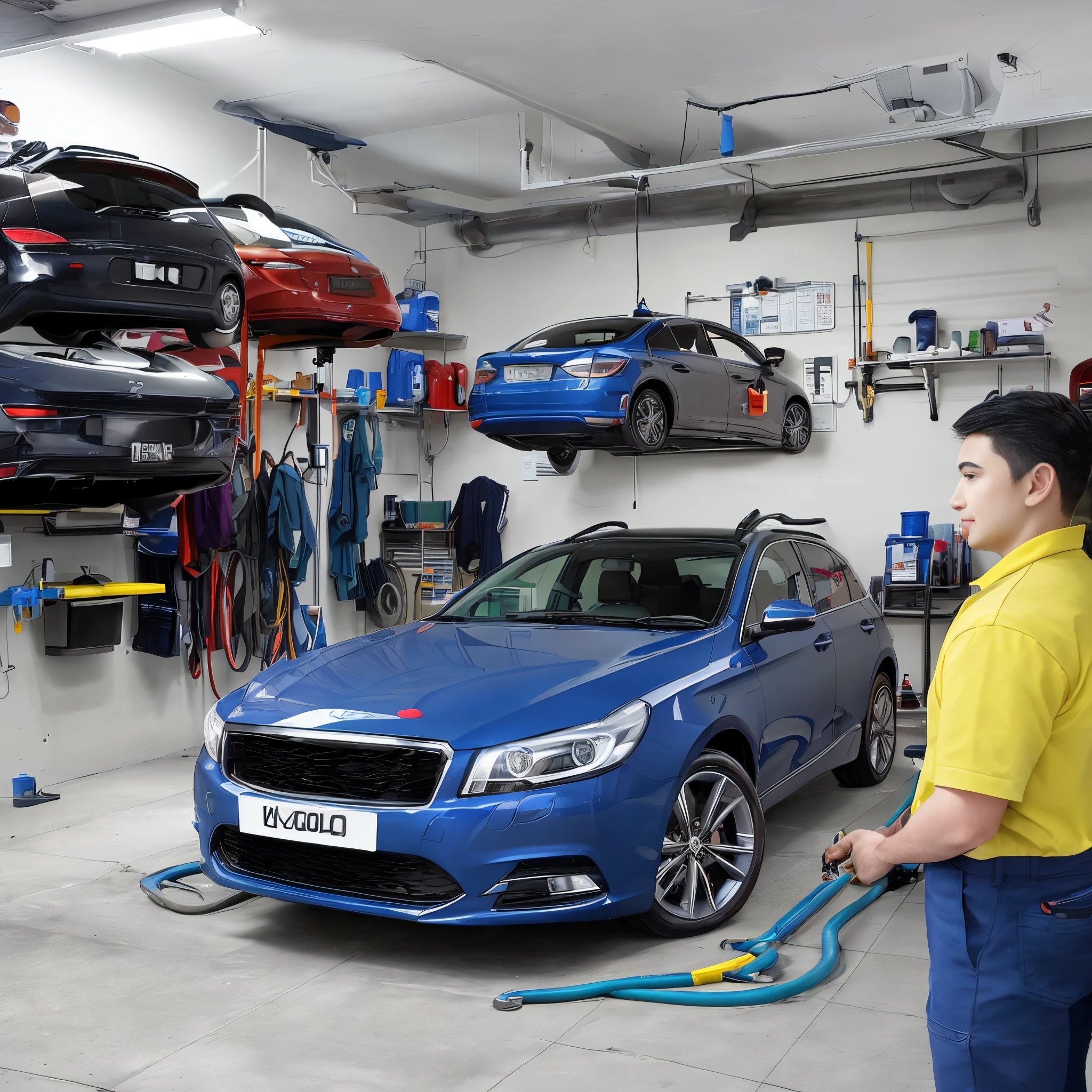 Car servicing garage showing customers,receptionist,technicians,car dent and paint area,car wash area