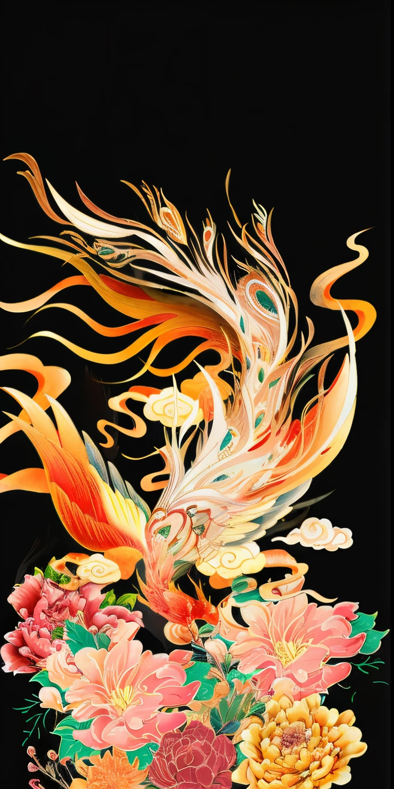A phoenix flies over，The bottom is red，Yellow and pink peonies,Phoenix wallpaper, Phoenix spreads its beautiful feathers, Auspicious clouds, phoenix-inspired, opulent，beautiful digital illustration