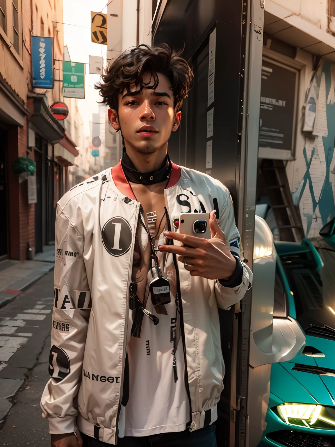 A cute boy and a Lamborghini car behind him