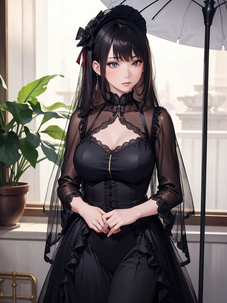 focusing on people. Create the best glowing composition of the person、Express. ((masutepiece)), (((Highest Quality)))), ((Ultra Detail)), (A hyper-realistic), (highly detailed CGillustration), (Very delicate and beautiful), Beautiful girl's masterpiece, Highest Quality, Realistic skin, Realistic fabric, Realism illustration focused on a girl with realistic textures, Japan people, Realistic, ultra-detailed eyes focused front and center. This is the absolute rule, and the following sentence expresses the image quality. It is the biggest masterpiece in the history of Ichigo Inutsuki's class, The owner of the greatest painting talent in the history of mankind meets incomparable beauty、Risked his life to paint the most beautiful person. Create stunning anime artwork that is currently trending on seaStation, Showcasing exquisite beauty and seductive aesthetics. "Spreading out before my eyes is a beautiful girl dressed in Gothic ta fashion.. her presence is overwhelming, Her vision exceeds that of her predecessor., And she is extremely frightened of being in the hands of a surrealist artist.. Beautiful and unique body shape is attracting more attention in Gothic Loliashion. the black dress、Luxuriously decorated with lace and ribbons、Designed with attention to detail。. long enough to touch the floor、Detailed rose embroidery on the hem。. On her chest, A pure white chiffon blouse looks great, Elegant high neck design emphasizes her delicateness. The sleeve of the blouse wraps around your arm., The edges are delicately finished with lace and ribbon.. On her head is a black lace bonnet, The edges are studded with fine pearls.. Elegant decorations frame her look beautifully. In her hand is a black parasol decorated with lace, Elegant design that brings out your femininity. turned into a wonderful being. Her face becomes even more beautiful with black li