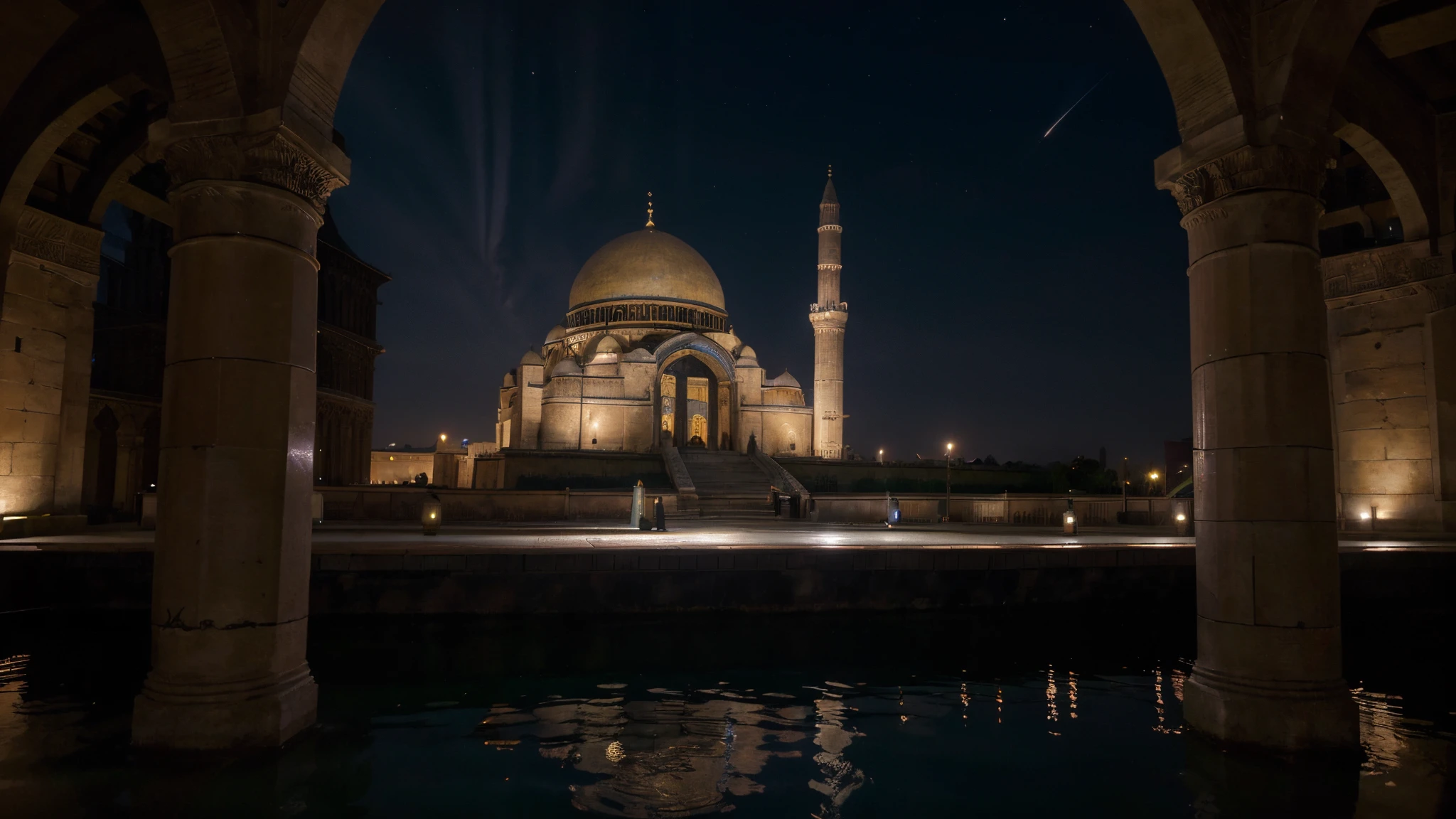 mosque, beautiful, exterior, trees, sexy girl, river, night, (((stars in sky)))