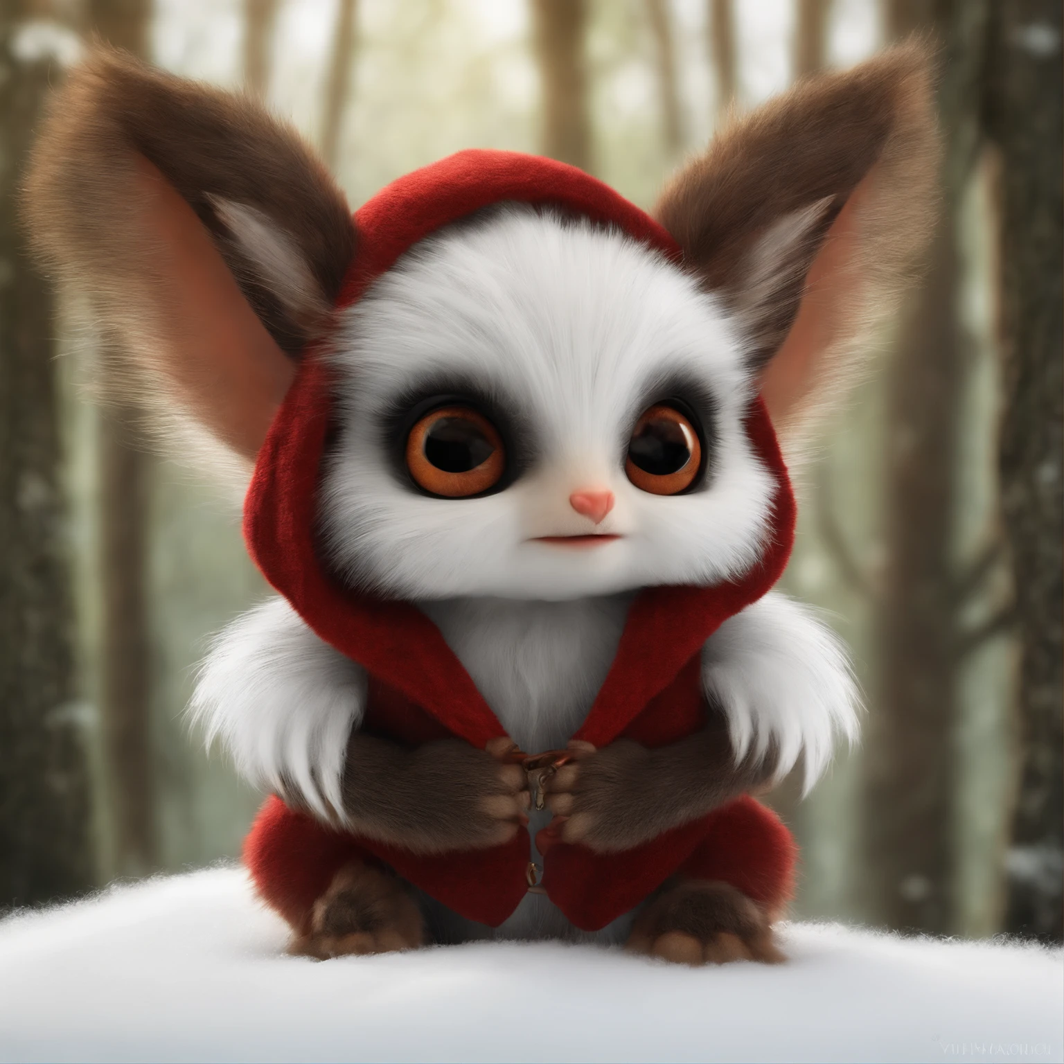 gremlin, Like a squirrel, Huge eyes, large ears, horns near the ears, big nut in paws, white and red fur, Big fluffy tail, brown vest with hood, The clothes, standing in the woods, Best Quality, Masterpiece, in style of dark fantasy art