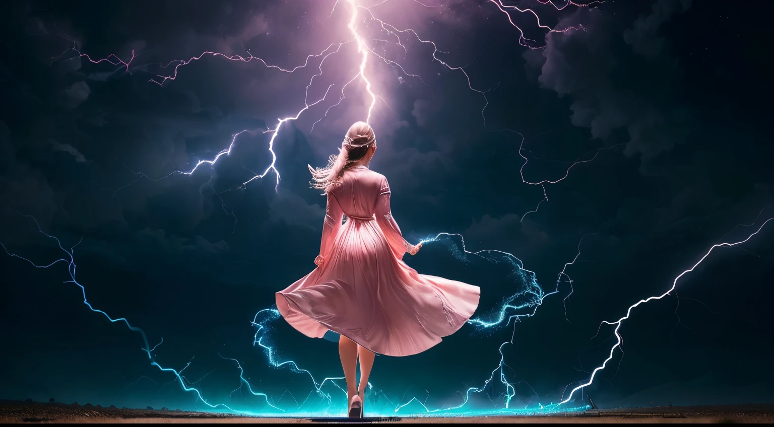 A woman in a light pink dress standing in a cherry forest, Artgerm, paisagem realista, Artgerm detalhado, olhos perfeitos, rosto perfeito, Ultra Detalhado, tiro de corpo inteiro, (Skindentation: 1.5), realista, realista, (obra-prima: 1.5), arte conceitual, detalhes intrincados, altamente detalhado, realista, octane rendering, 8K, motor irreal, dinamic pose, melhor qualidade, alta resolução, (rosto realista: 1.1), (hiper-realismo: 1.1) , ((full_body)), olhos perfeitos, (pele brilhante: 1.2), ((penteado))), ((perfect hands))), (fundo muito detalhado), ((dynamic background), ((lightning), (lightning), ((1girl)), Vestindo um manto, (((Manto de fluxo))), ((Olhos detalhados, Olhos de alta qualidade, Rosto de alta qualidade)), vestido rosa claro extremamente complexos, magical robes), casting lightning, eletricidade, spinning flame, radiation, spark, smoke, magia, (dramatic), epic, campo de batalha, profundidade de campo, bokeh, 4k, gotica, cinzas, particules.