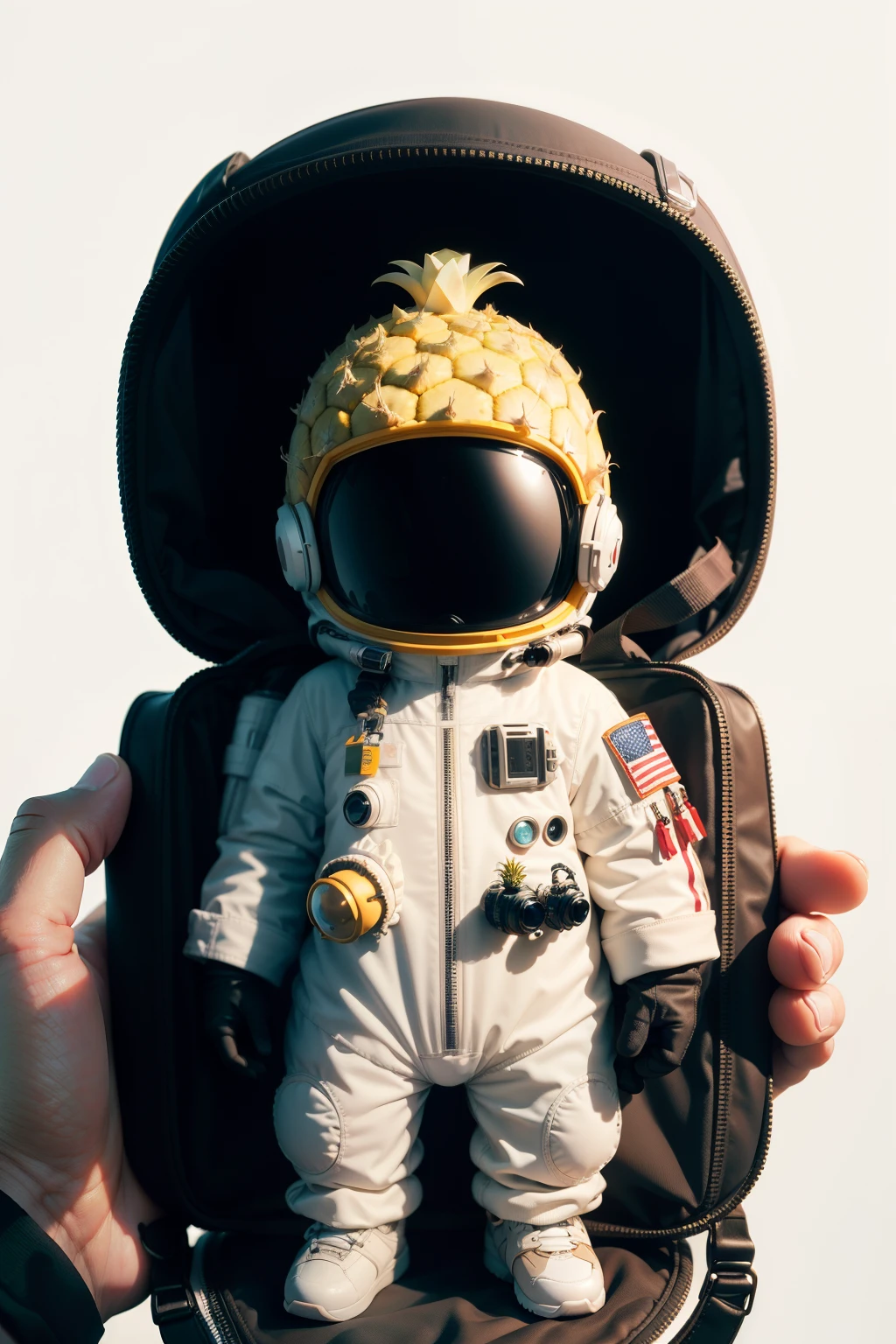 Construct an image of a small pineapple-headed alien wearing a spacesuit with a white background