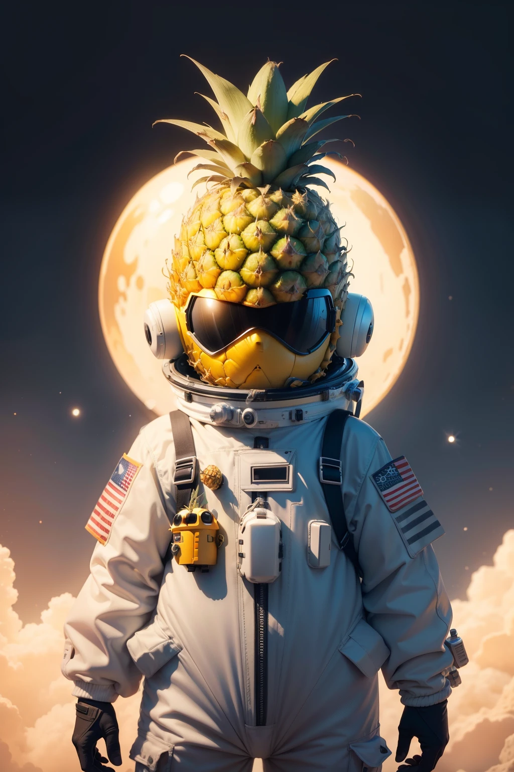Construct an image of a small pineapple-headed alien wearing a spacesuit with a white background