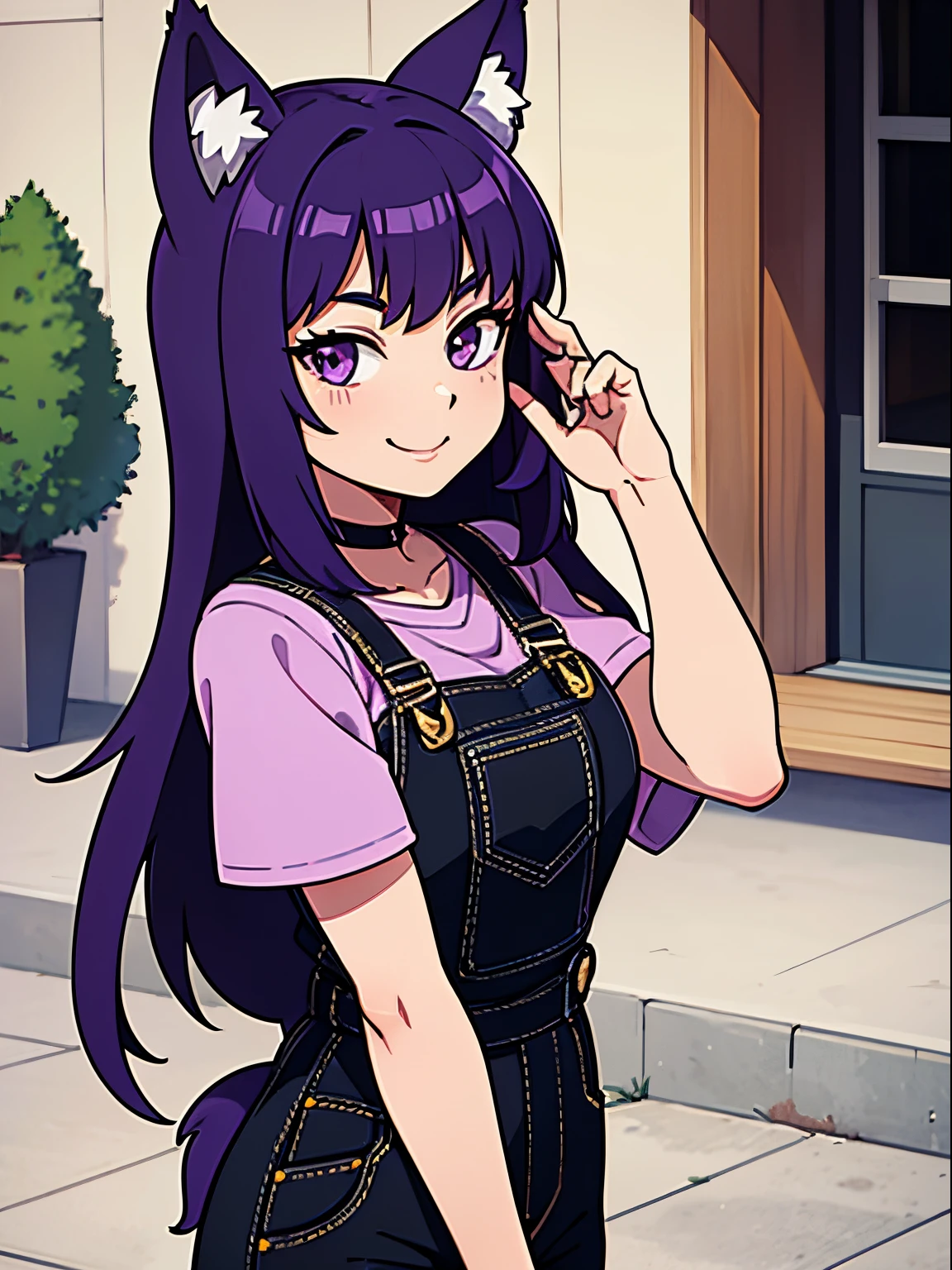 1girl, purple hair, wolf ears, wolf tail, cute, young adult, anime, smile, black overalls, best quality, masterpiece, 4k