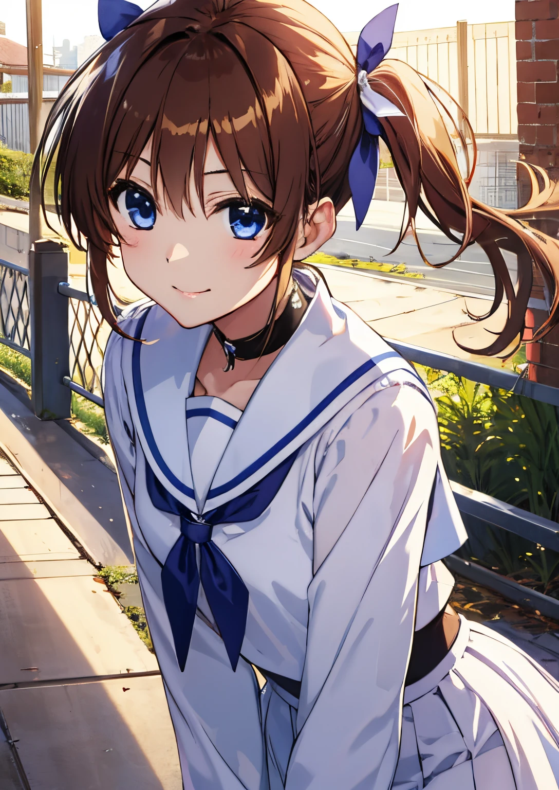 ultra-detailliert, hight resolution, 8ＫImagen、Nanoha,(Realistic, Photorealistic: 1.4),1girl in、Yankee、独奏、Takamachi、brown haired、blue eyess、Twin-tailed、Sailor Uniform, White uniform、magical ***********、Mouth closed、serious faces,The absolute standard is the stomach、Cowboy Shot、up looking、I smile at my friend Fate-chan...