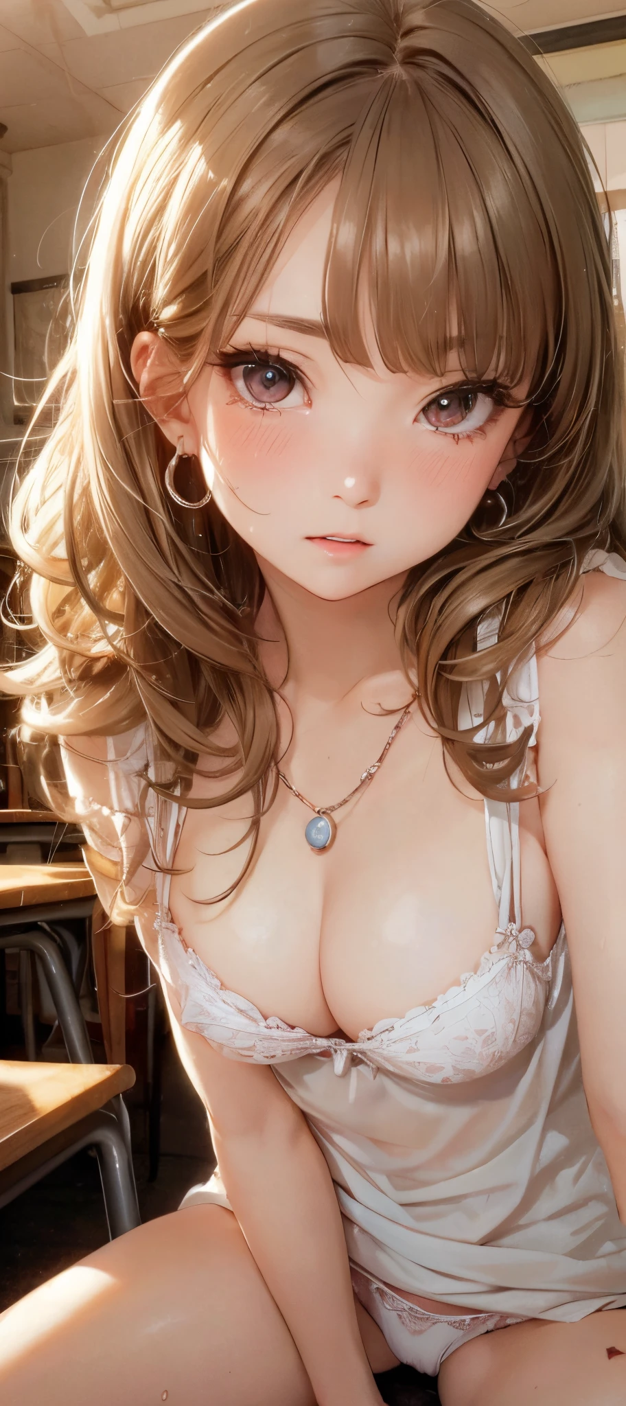 photorealisim、top-quality、超A high resolution、a picture、Photo of an exquisitely beautiful Nordic-born girl、Extraordinary beautiful girl、Highlights of cheek luster、Detailed cute and beautiful face、(pureerosface_v1:0.008)、Beautiful bangs、Glowing white shiny skin、Bangs between the eyes、shiny and beautiful hair、Silky hair、finer hair、blonde hair, High-definition eyes、Beautiful, Bright and clear, Big eyes shine charmingly、eye liner、Double eyelids、Full body like、dismay、red blush、embarrassed from、glares、 shiny little necklace and earrings, shiny lips: 1.4, humiliated、impatience、dismay、Frightened、glares、Exposed cleavage、(A large amount of sperm in the chest:1.4)(Large amount of sperm in the thighs:1.2)、red blush、Tears are embarrassing、White underwear、White bra、Open knees、open one's legs、Masturbation behavior、Disheveled clothes、Dressing、Exposed panties、Wearing sweat、sodden、Sheer underwear、Neat girl,18 years old, (High School Uniform: 1.0),Wavy Hair, Brown hair, bangs flowing diagonally, Medium Long Hair, Blue eyes, Small breasts, In the classroom where the setting sun shines, sitting in the chair、