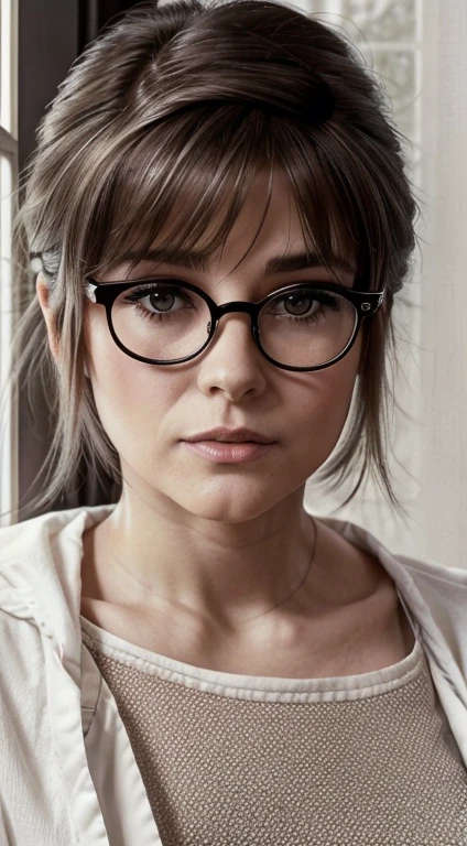 Realistic monochrome photography in 80s style............., tmasterpiece, Soviet photography, Film grain, photo paper texture; Sweet beautiful Russian brown eyed (middle-aged) Adult woman 38 years old.........., beautiful detailed round face, Large shiny realistic dark brown eyes, glasses with lenses, tired look at the viewer, Cute little wide nose, calm expression on his face, Parted sensual plump lips, plump cheeks, Round chin, velvety skin, aesthetic completeness, Average length, slightly wavy, faded brown hair with gray streaks (80s punk hairstyle), Very small stature, Realistic !!!extremely small breasts!!!, aesthetic completeness, Beautiful, slightly chubby body, Realistic long white starched medical gown(medical doctor), long striped socks, sneakers, (full - body, including legs), stands thoughtfully by the window with a porcelain cup of coffee in his left hand.....; Realistic texture of human skin (pores, Mimic folds, wrinkles), Monochrome image