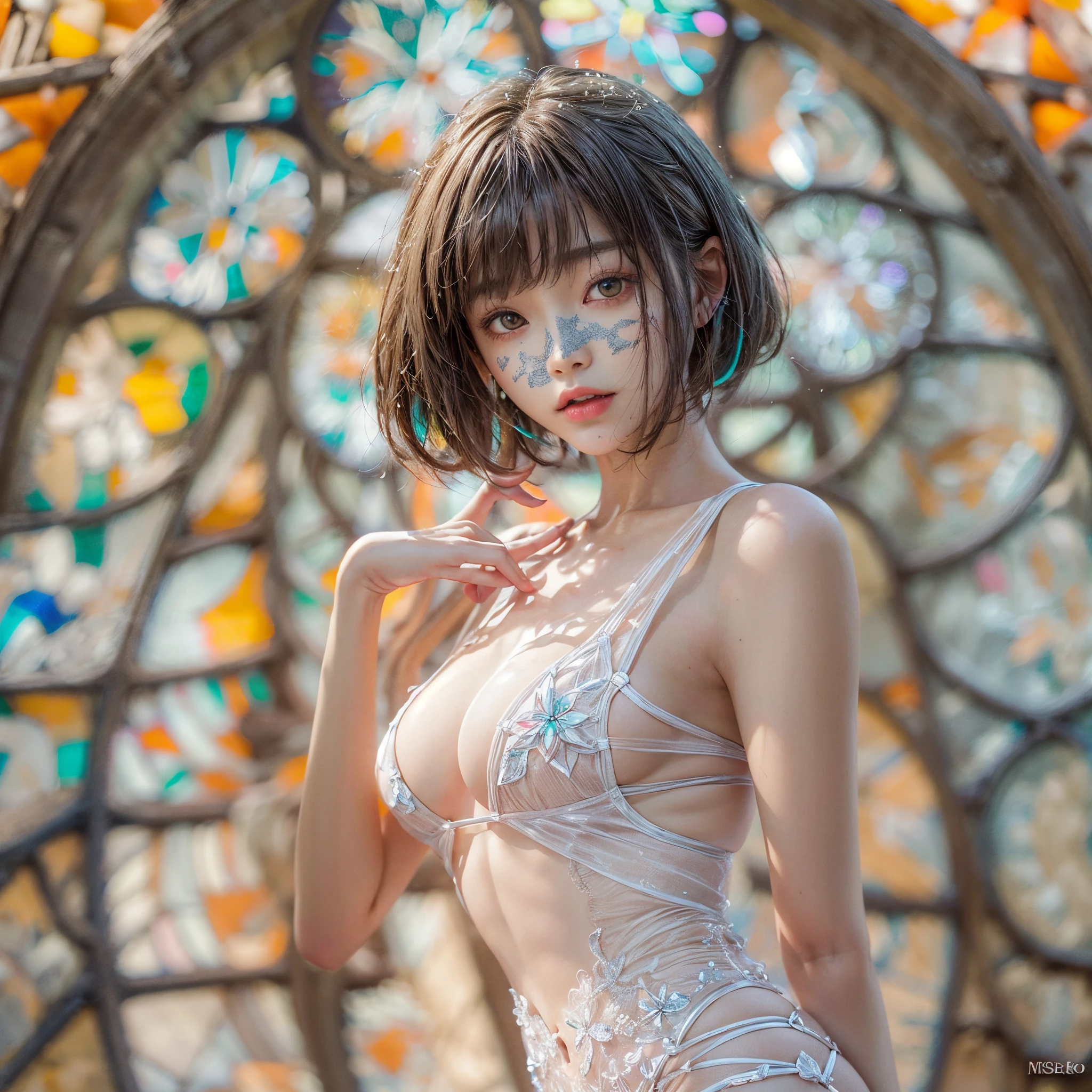 ( Masterpiece, White and vivid colors, (Exposed:1.2), (nipple:-0.9)), (((Renbutsu Misako|Misako Renbustu))), ((face variations)), { Navel | pretty Ass }, portrayed in the best quality and high resolution. The image should be ultra-detailed, realistic, and photorealistic with a touch of rawness. concept art. The color tone should be vibrant and vivid, enhancing the overall visual impact. (Whole Body proportions and all limbs are anatomically accurate), (Vivid Colorful light shines through the delicate stained glass). delicate limbs, Detail of sparkling oiled ivory skin, (short Bob, delicate wear) .