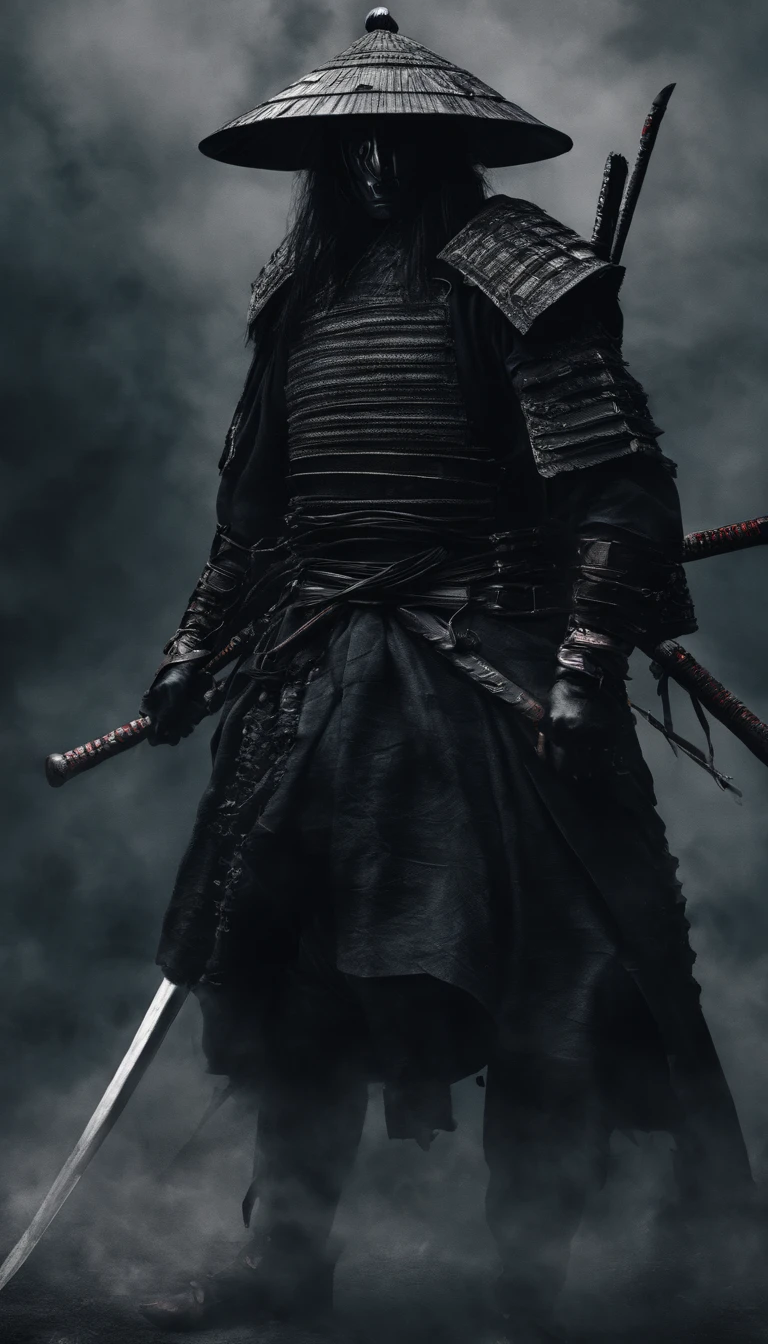 (La mejor calidad,4k,8k,A high resolution,Obra maestra:1.2),Ultra detallado,(realista,fotorrealista,fotorrealista:1.37),Feudal Japanese samurai of the Warring States period, Wearing full samurai armor., Wearing a black samurai mask, Blandiendo una katana afilada, Exudes a strong sense of intimidation., Ojos rojos brillantes, Samurai Mikawa