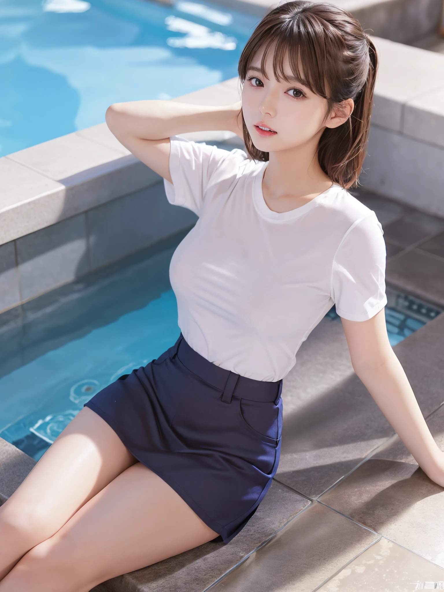 Tight white t-shirt、navy blue uniform miniskirt、25-year-old gravure idol、Medium brown hair、huge tit、shiny oiled skin、shiny thighs、Sensual look、school poolside