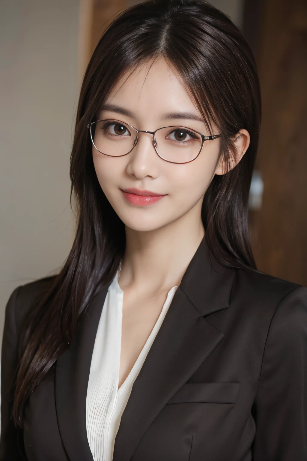 masutepiece, Best Quality, Photorealistic, Ultra-detailed, finely detail, High resolution, 8K Wallpaper, 1 beautiful woman,, light brown messy hair, in a business suit, foco nítido, Perfect dynamic composition, Beautiful detailed eyes, detailed hairs, Detailed realistic skin texture, Smiling, Close-up portrait, Model body type、Ponytail hair、Black-rimmed glasses