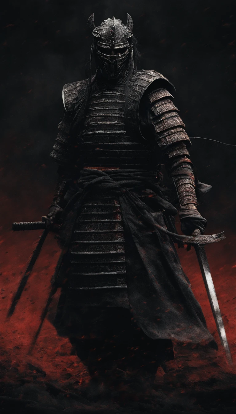 (La mejor calidad,4k,8k,Altas Resoluciones,Obra maestra:1.2),Ultra detallado,realista:1.37,a samurai in the Sengoku period of Japan,wearing full samurai armor,Black samurai mask,holding a sharp samurai sword,the intense feeling of oppression,Ojos rojos brillantes