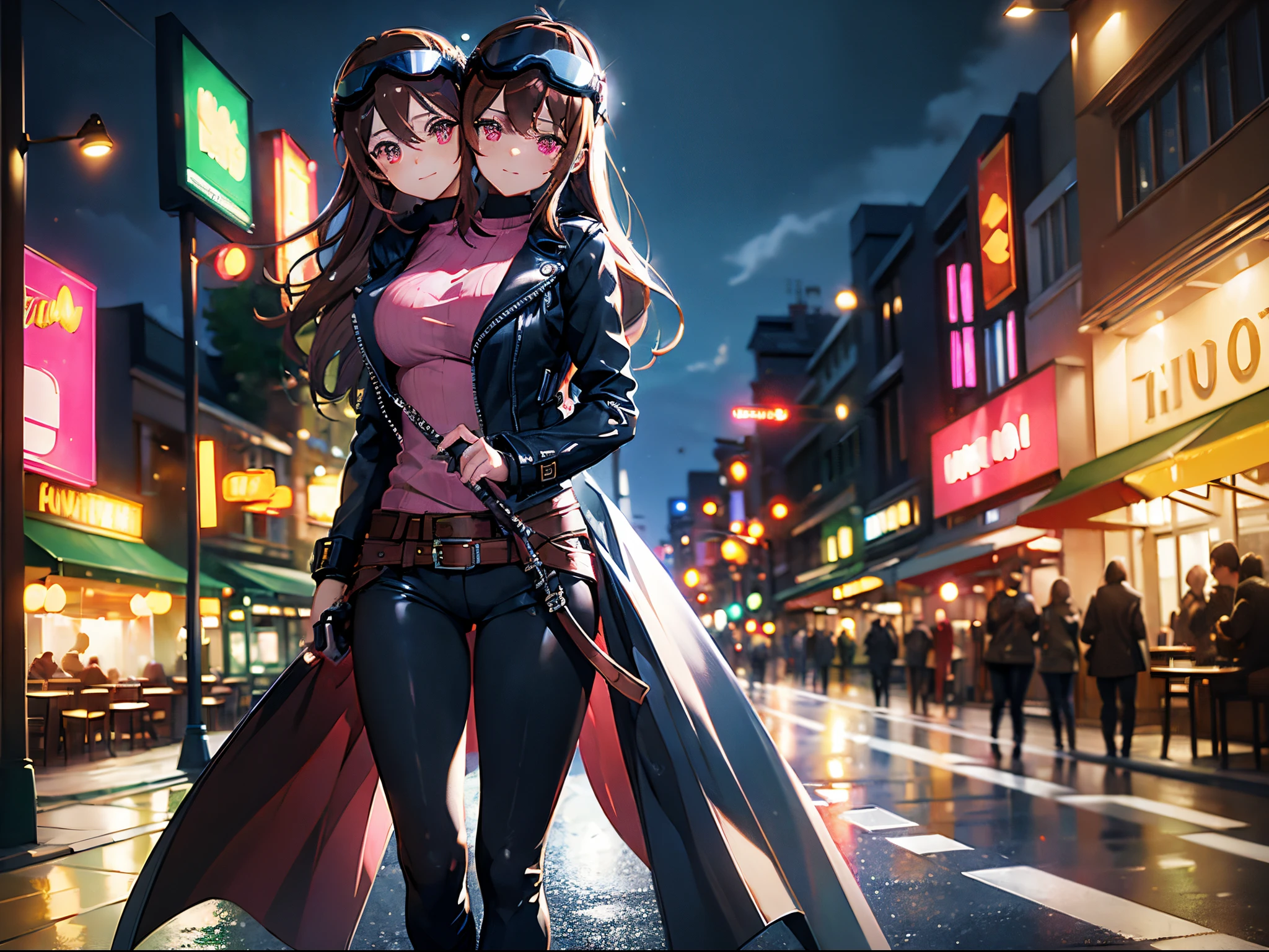 (masterpiece, best quality), best resolution, (2heads:1.5), 1girl, motorcycle, standing, leggings, boots, leather jacket, bokeh, night city landscape, outdoor cafe, helmet with goggles, brown hair, pink eyes