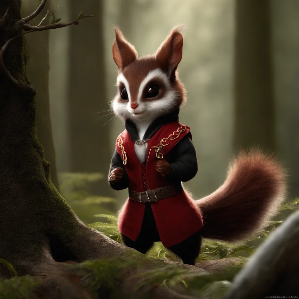 gremlin, Like a squirrel, squirrel looks like an assassin, Huge eyes, large ears, horns near the ears, big nut in paws, white and red fur, Big fluffy tail, brown vest with hood, The clothes, standing in the woods, Best Quality, Masterpiece, in style of dark fantasy art