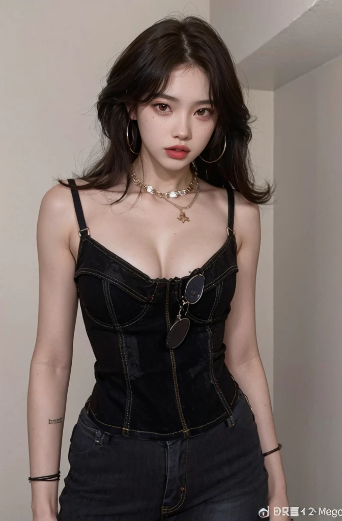 A closeup of a woman wearing a black top and jeans, vestindo roupa camisola preta, foto de modelo de  slim, she is wearing a black tank top, tampo preto, cruel korean goth girl, Jinyoung Canela, espartilho, Modelo de moda feminina coreana, goth girl aesthetic, Dom Yunjoo, with pale skin, Bae Suzy, jennie blackpink