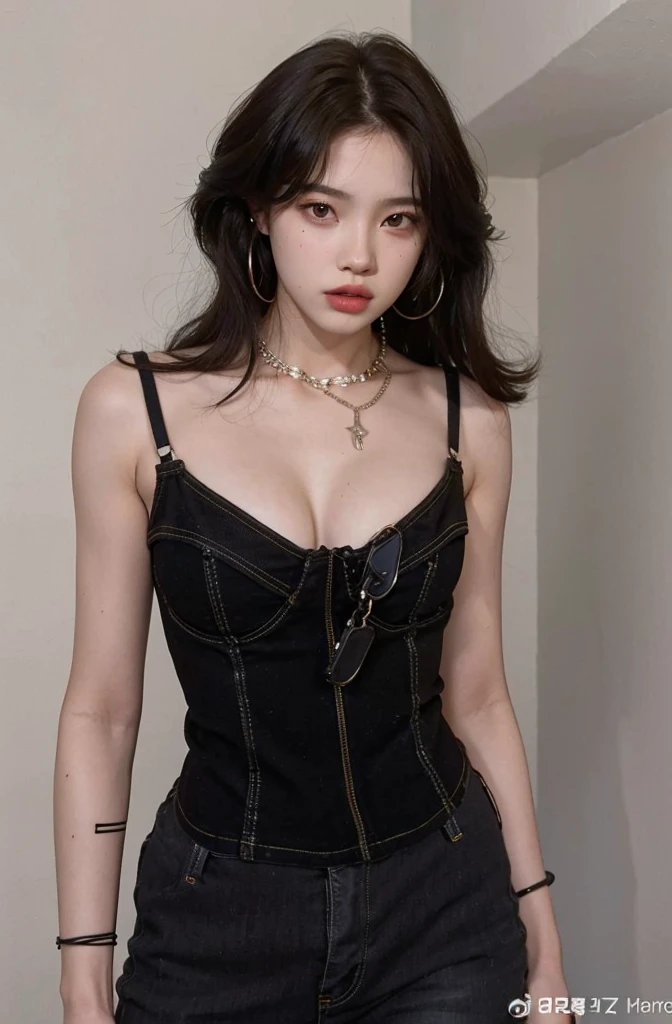 A closeup of a woman wearing a black top and jeans, vestindo roupa camisola preta, foto de modelo de menina slim, she is wearing a black tank top, tampo preto, cruel korean goth girl, Jinyoung Canela, espartilho, Modelo de moda feminina coreana, goth girl aesthetic, Dom Yunjoo, with pale skin, Bae Suzy, jennie blackpink